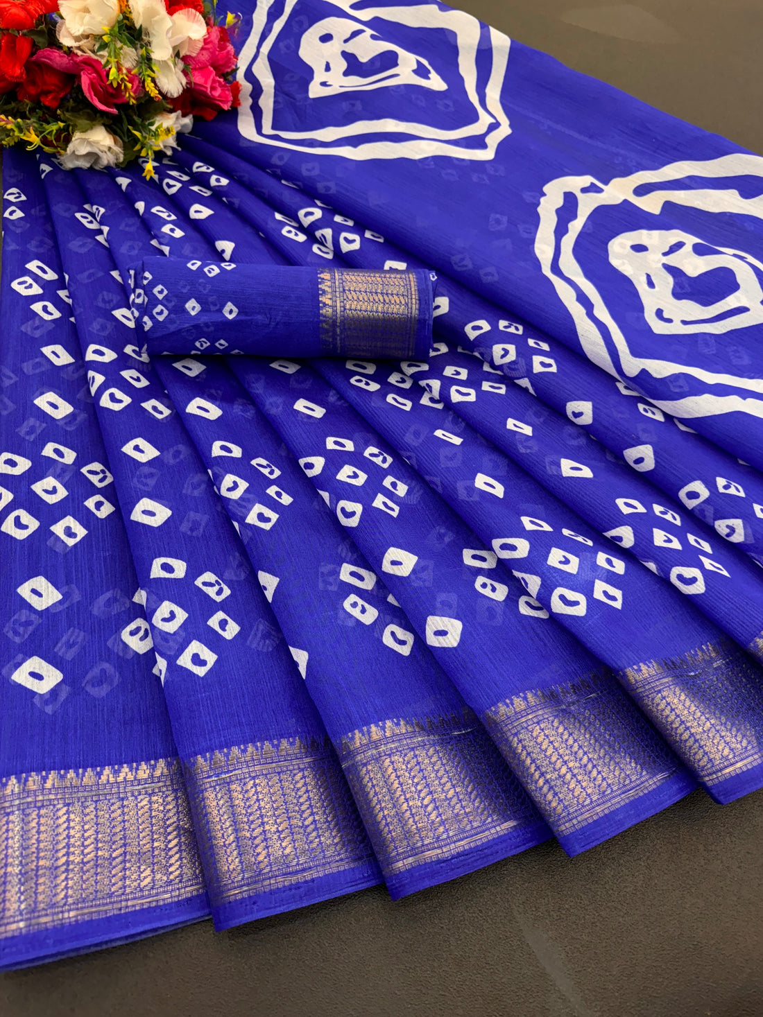 Cotton Blend Dobby Bandhej Printed Royal Blue Saree with Blouse – 6 Meter | Ivaara.