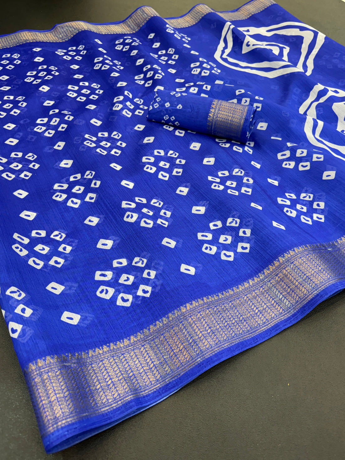 Cotton Blend Dobby Bandhej Printed Royal Blue Saree with Blouse – 6 Meter | Ivaara.