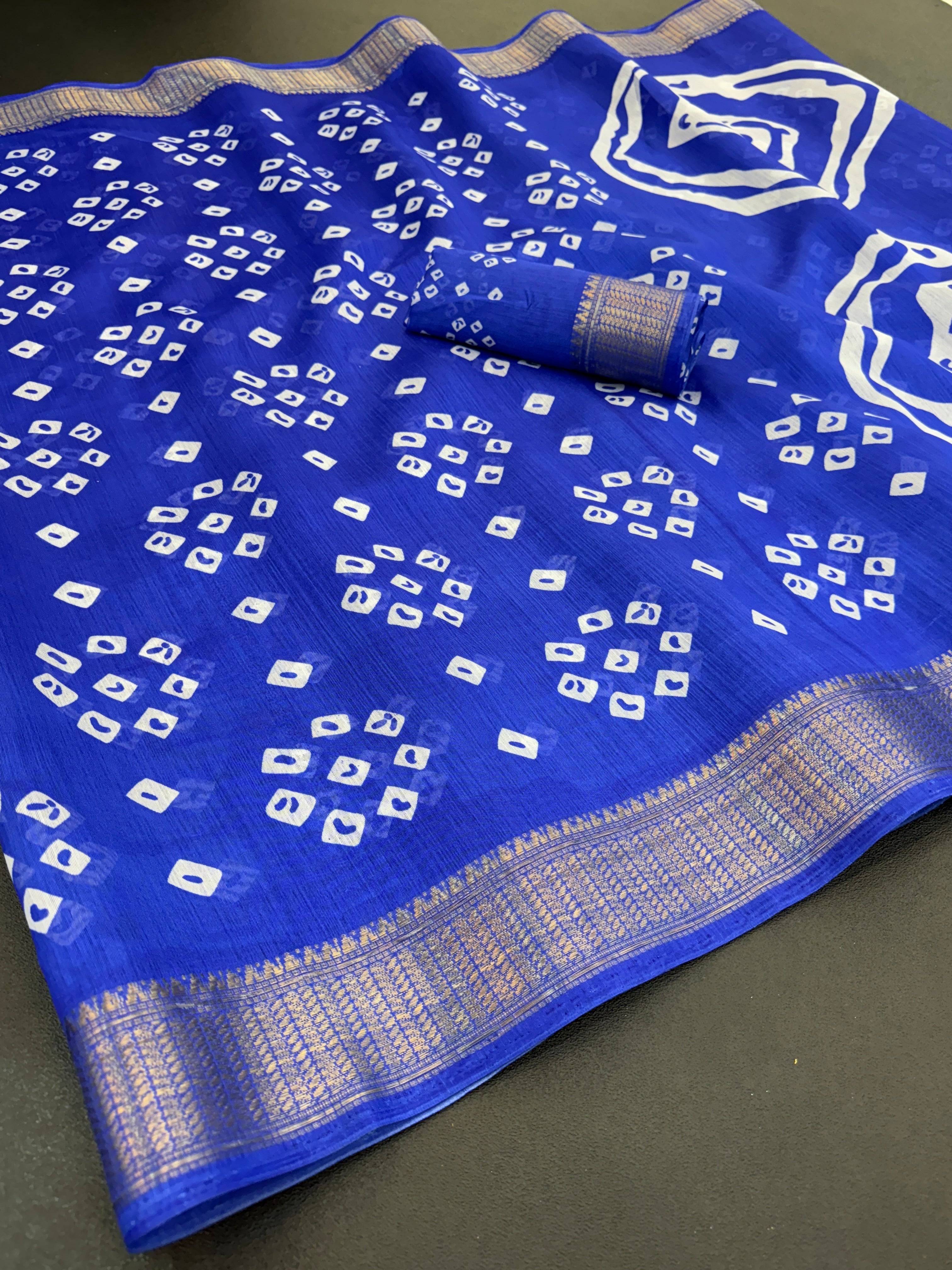 Cotton Blend Dobby Bandhej Printed Royal Blue Saree with Blouse – 6 Meter | Ivaara.