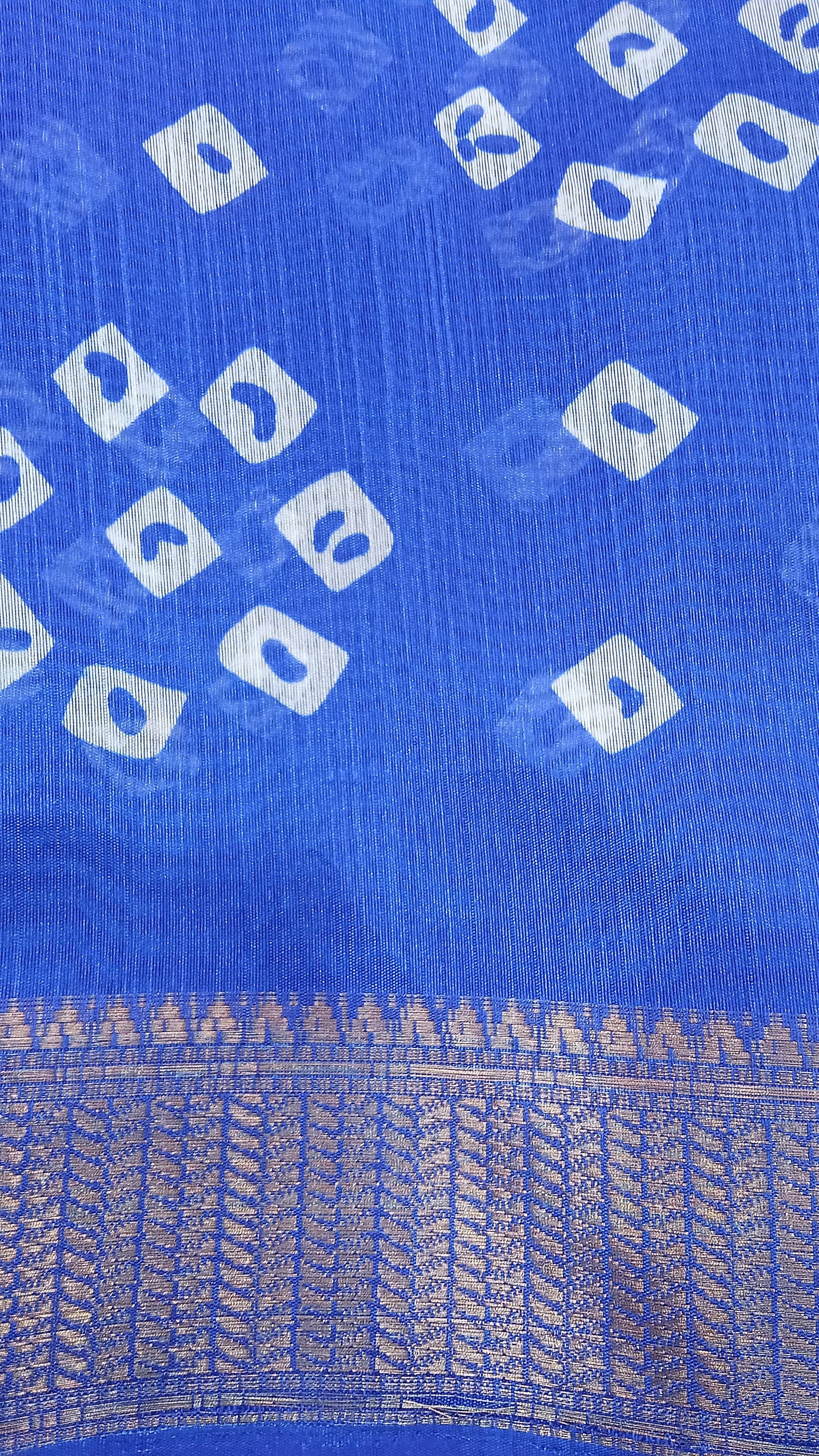 Cotton Blend Dobby Bandhej Printed Royal Blue Saree with Blouse – 6 Meter | Ivaara.