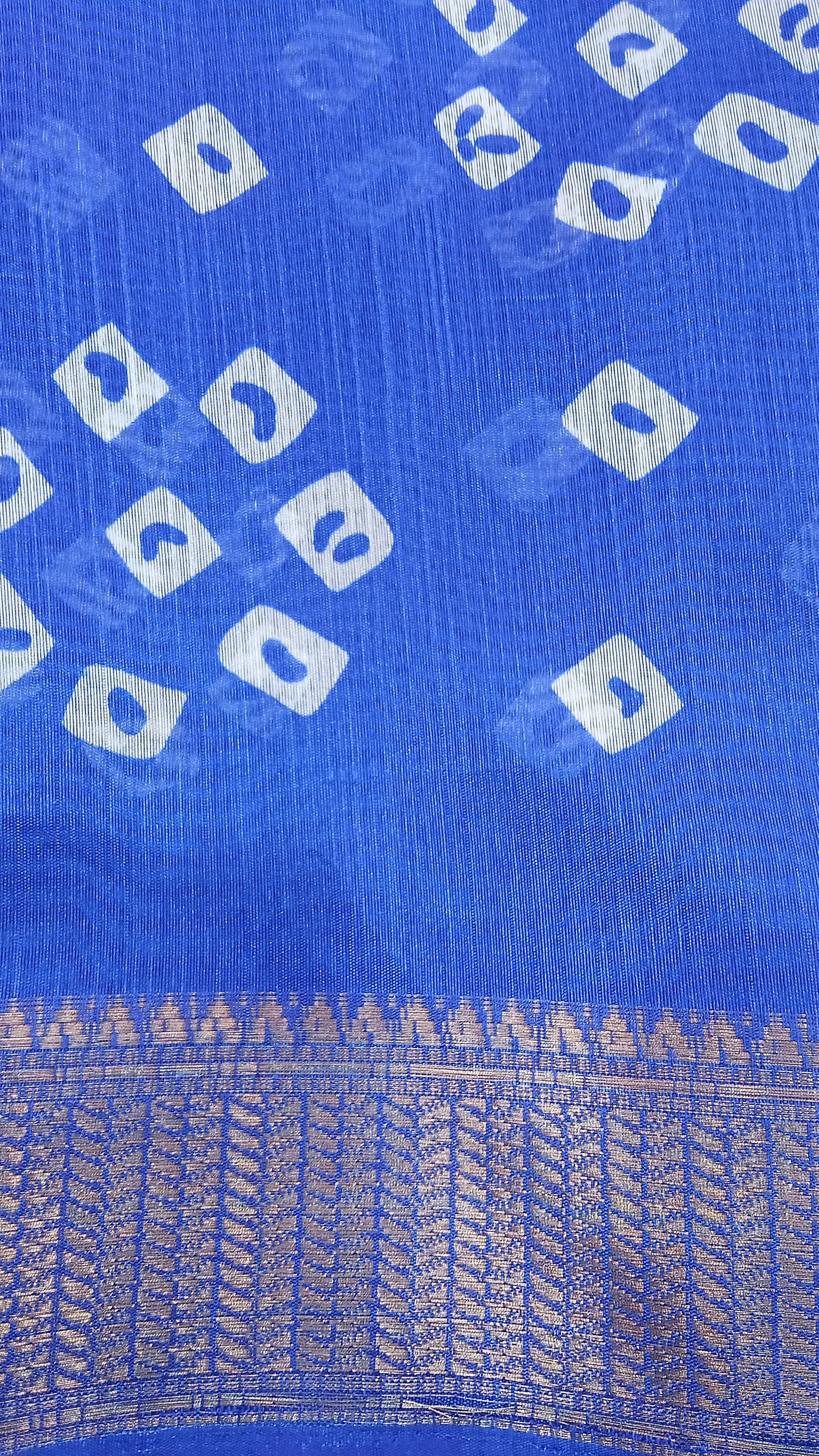 Cotton Blend Dobby Bandhej Printed Royal Blue Saree with Blouse – 6 Meter | Ivaara.