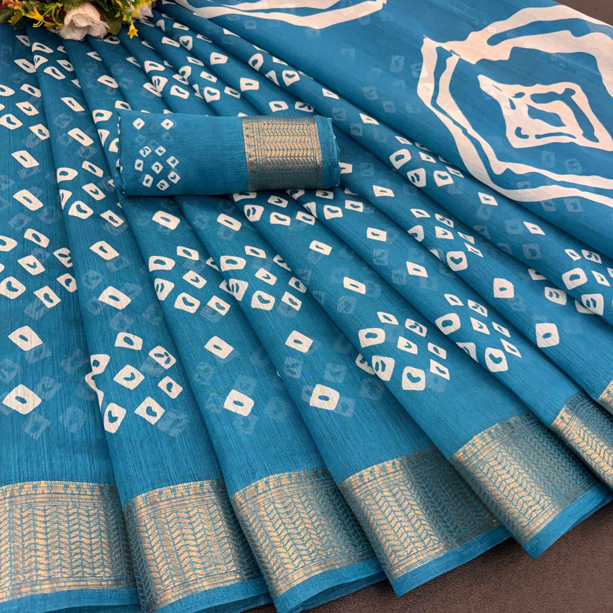 Cotton Blend Dobby Bandhej Printed Teal Blue Saree with Blouse – 6 Meter | Ivaara.