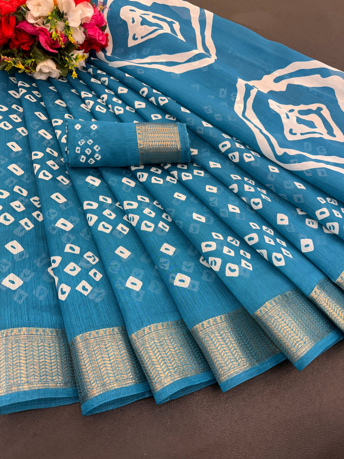 Cotton Blend Dobby Bandhej Printed Teal Blue Saree with Blouse – 6 Meter | Ivaara.