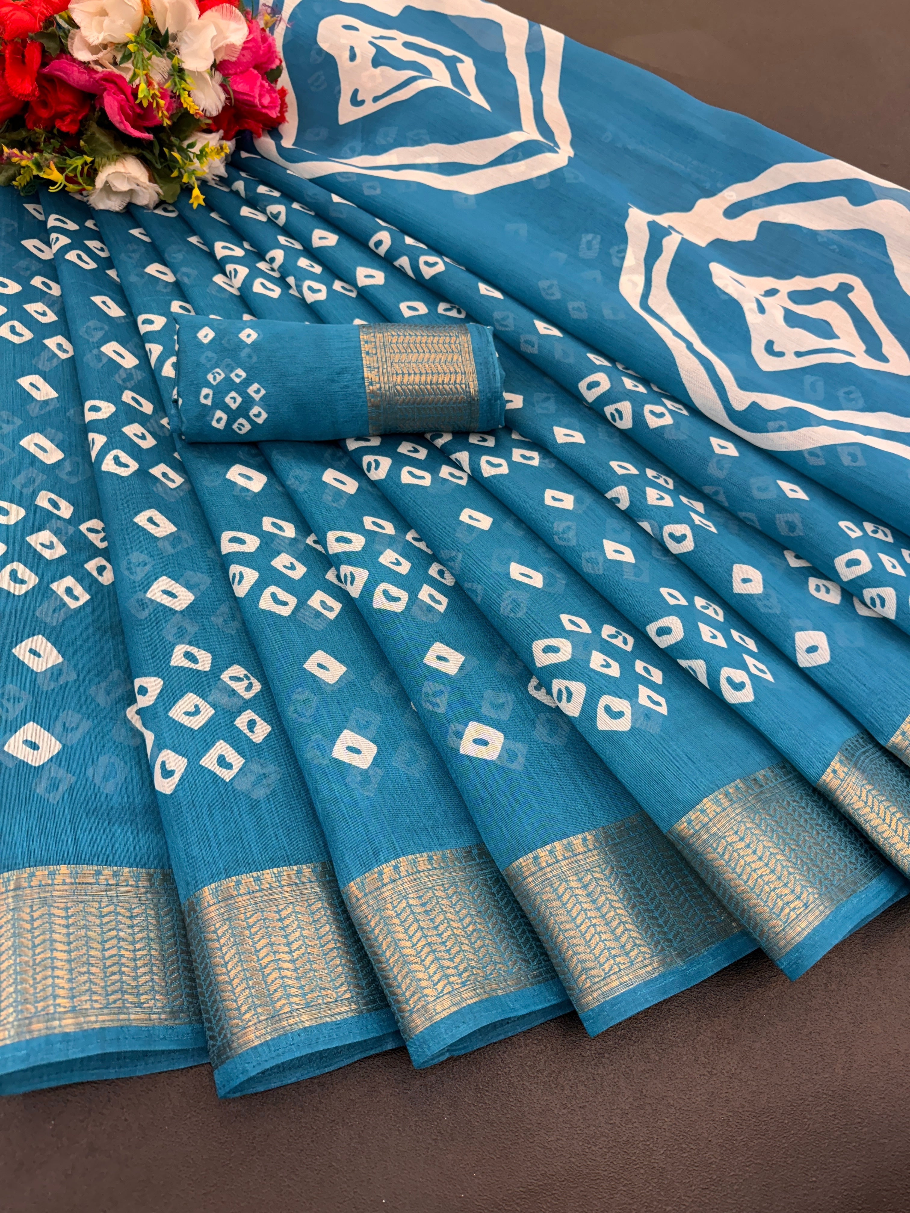 Cotton Blend Dobby Bandhej Printed Teal Blue Saree with Blouse – 6 Meter | Ivaara.