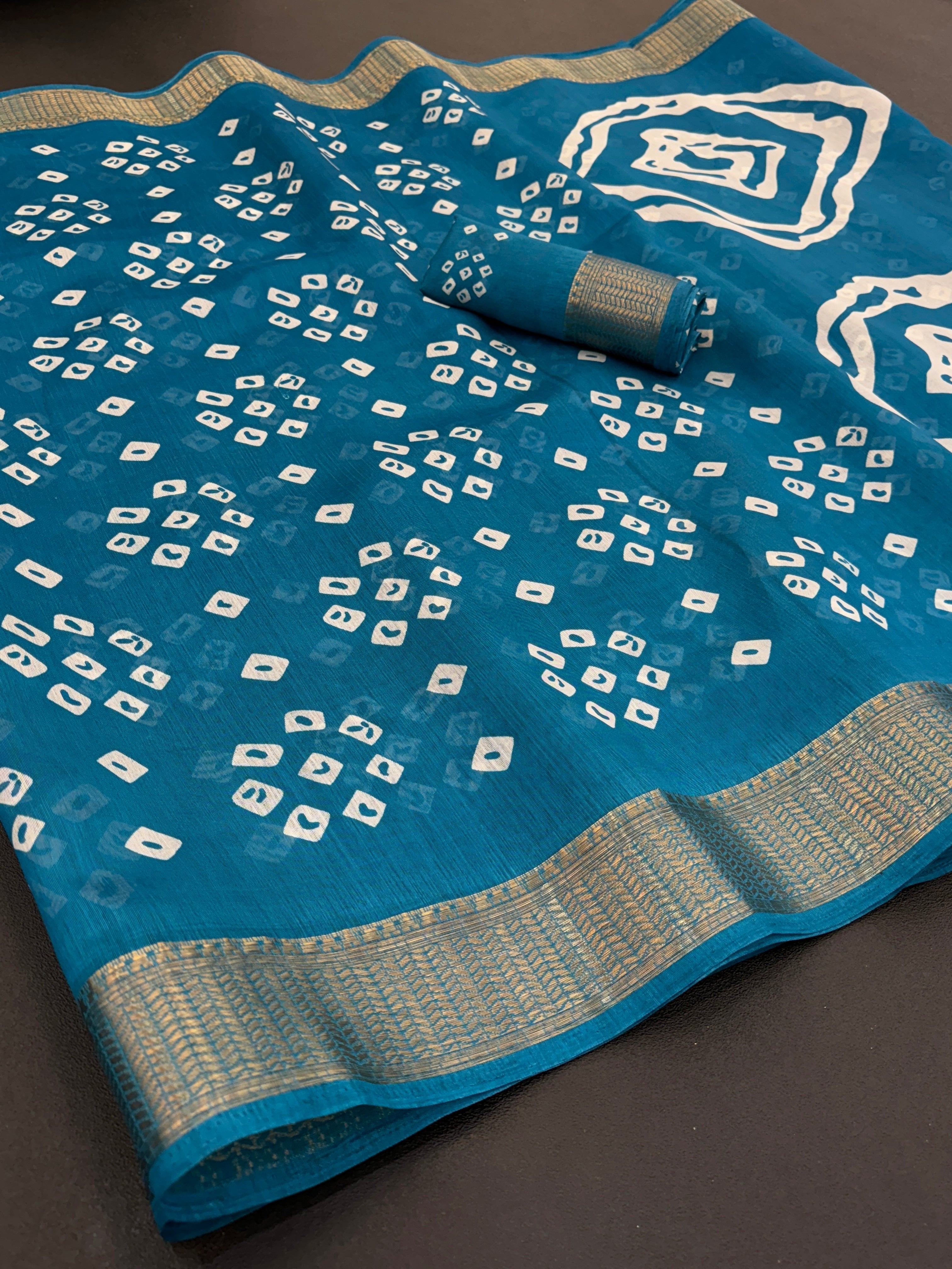 Cotton Blend Dobby Bandhej Printed Teal Blue Saree with Blouse – 6 Meter | Ivaara.