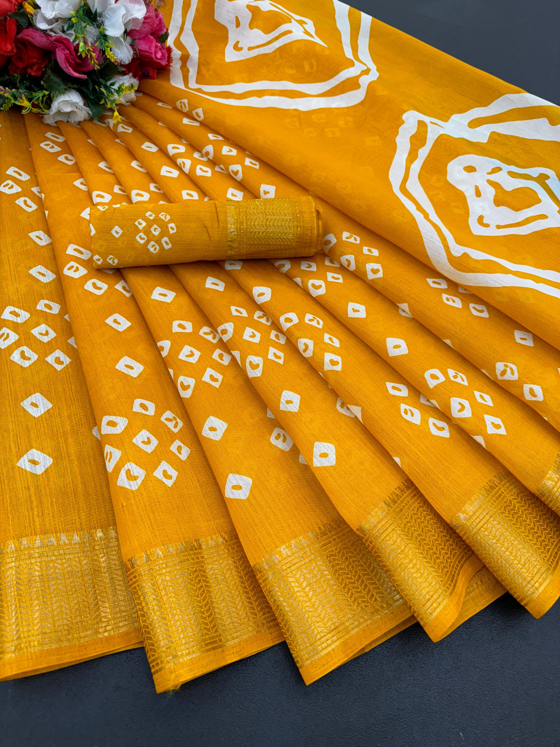 Cotton Blend Dobby Bandhej Printed Yellow Saree with Blouse – 6 Meter | Ivaara.
