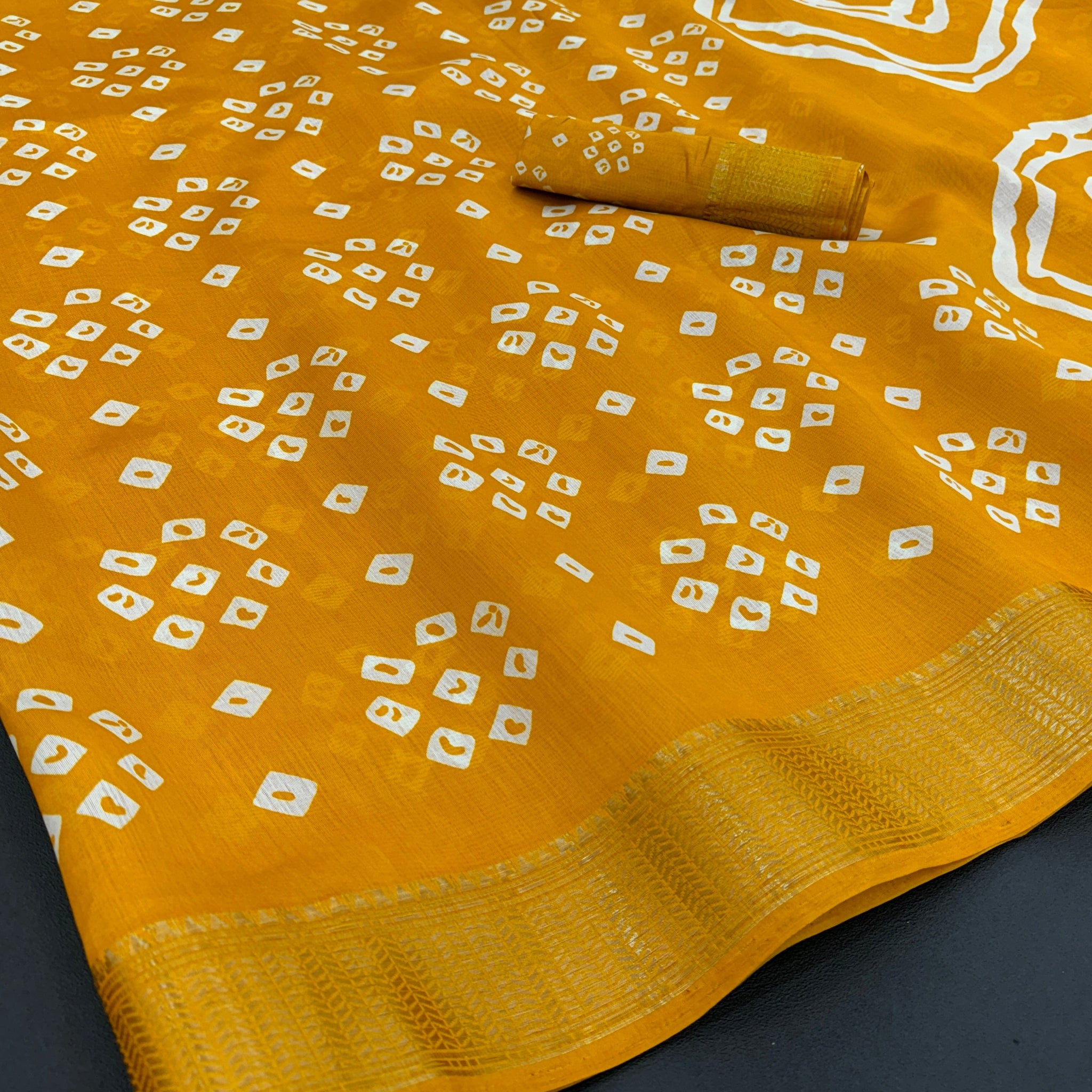 Cotton Blend Dobby Bandhej Printed Yellow Saree with Blouse – 6 Meter | Ivaara.
