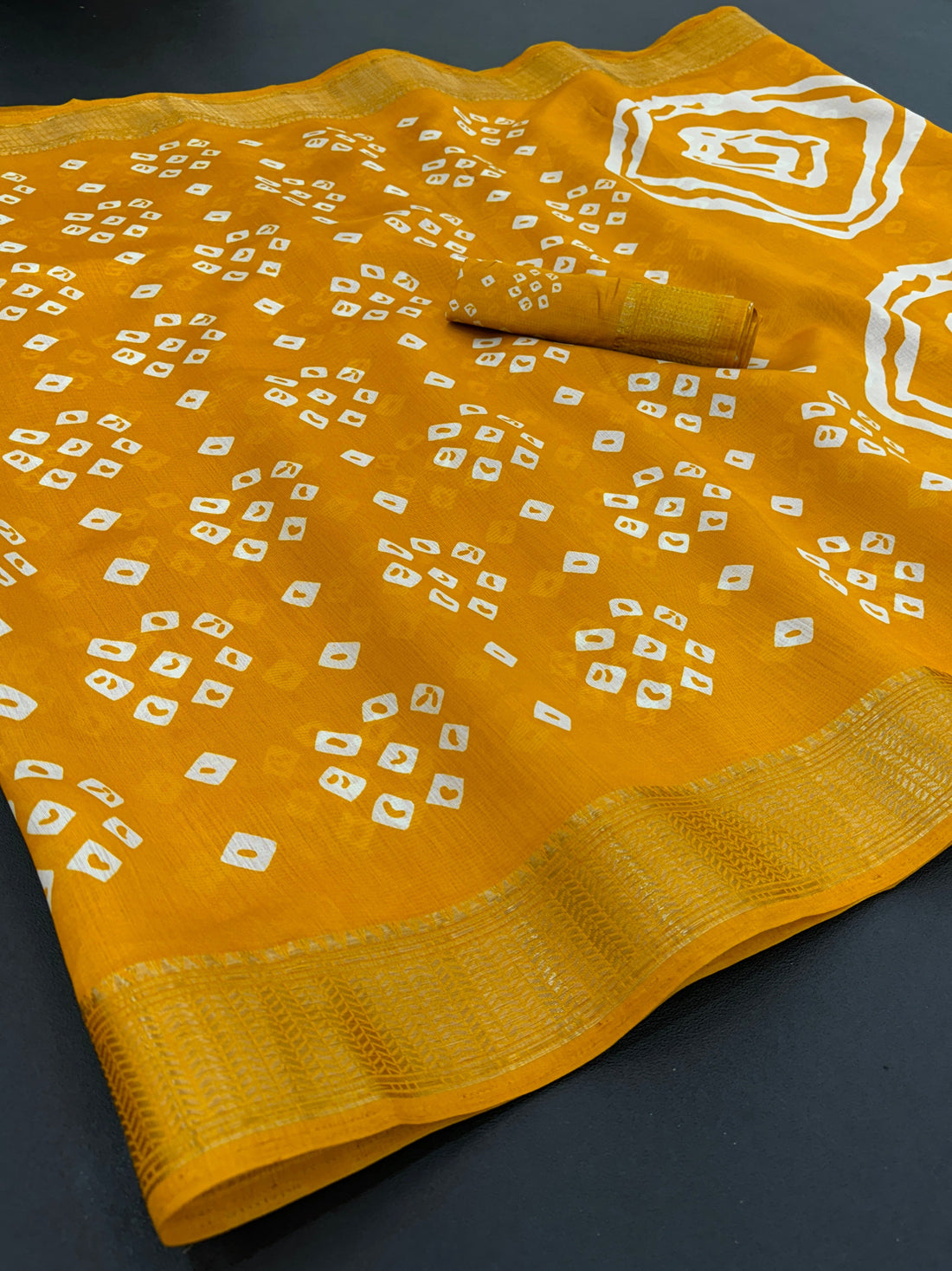 Cotton Blend Dobby Bandhej Printed Yellow Saree with Blouse – 6 Meter | Ivaara.