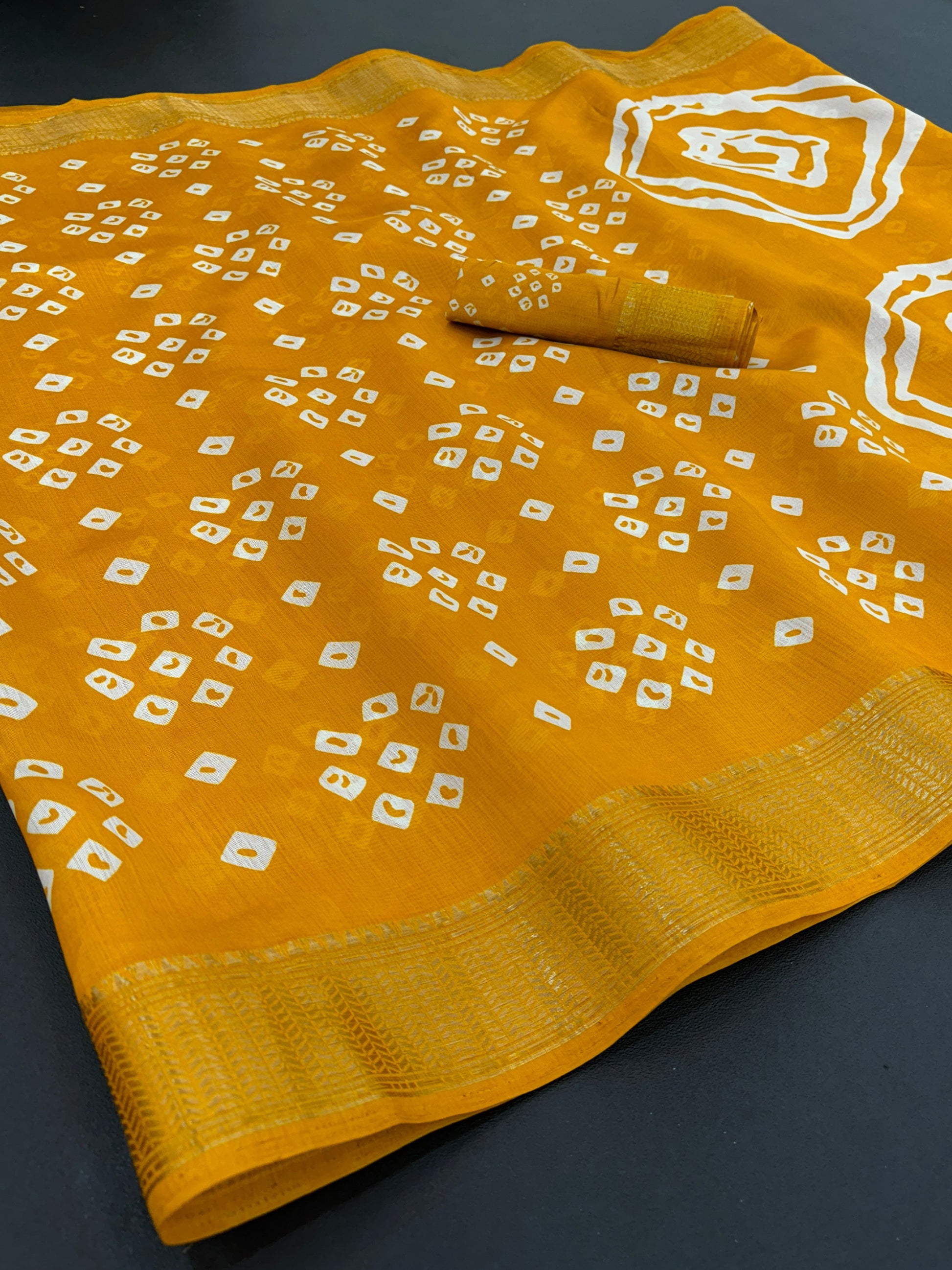 Cotton Blend Dobby Bandhej Printed Yellow Saree with Blouse – 6 Meter | Ivaara.