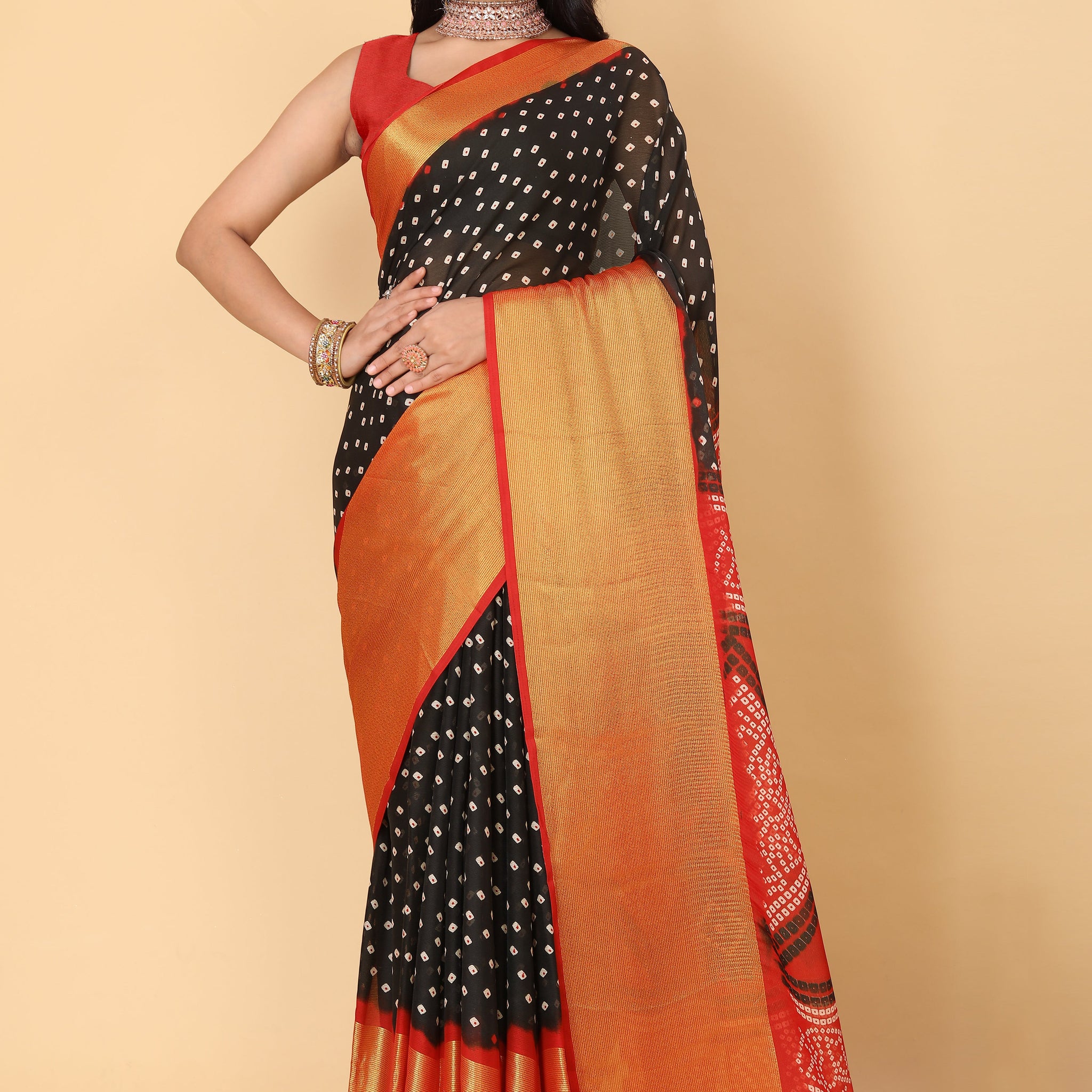 Bandhani Printed Moss Chiffon Black Saree with Gold Jari Border | Ivaara.