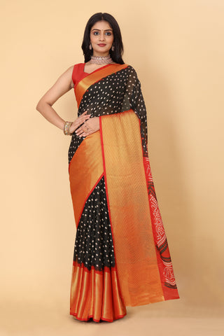 Bandhani Printed Moss Chiffon Black Saree with Gold Jari Border | Ivaara