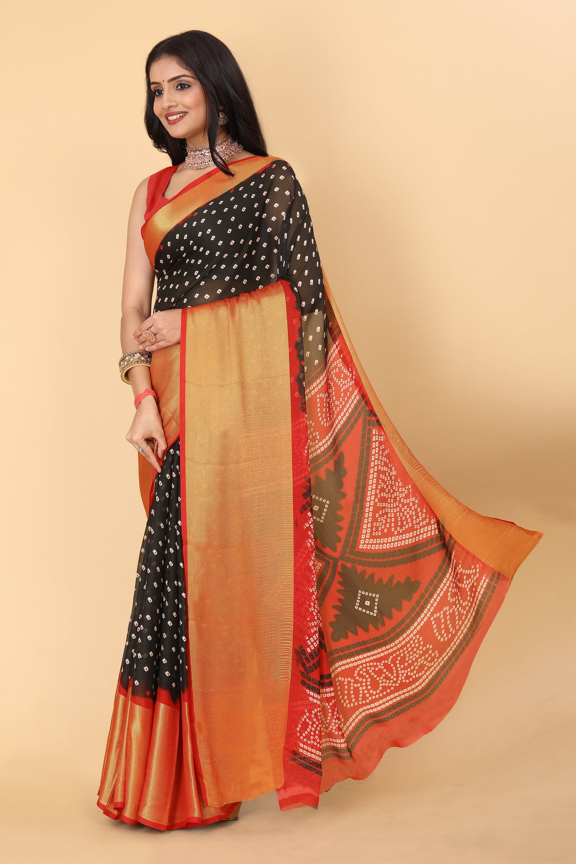 Bandhani Printed Moss Chiffon Black Saree with Gold Jari Border | Ivaara.