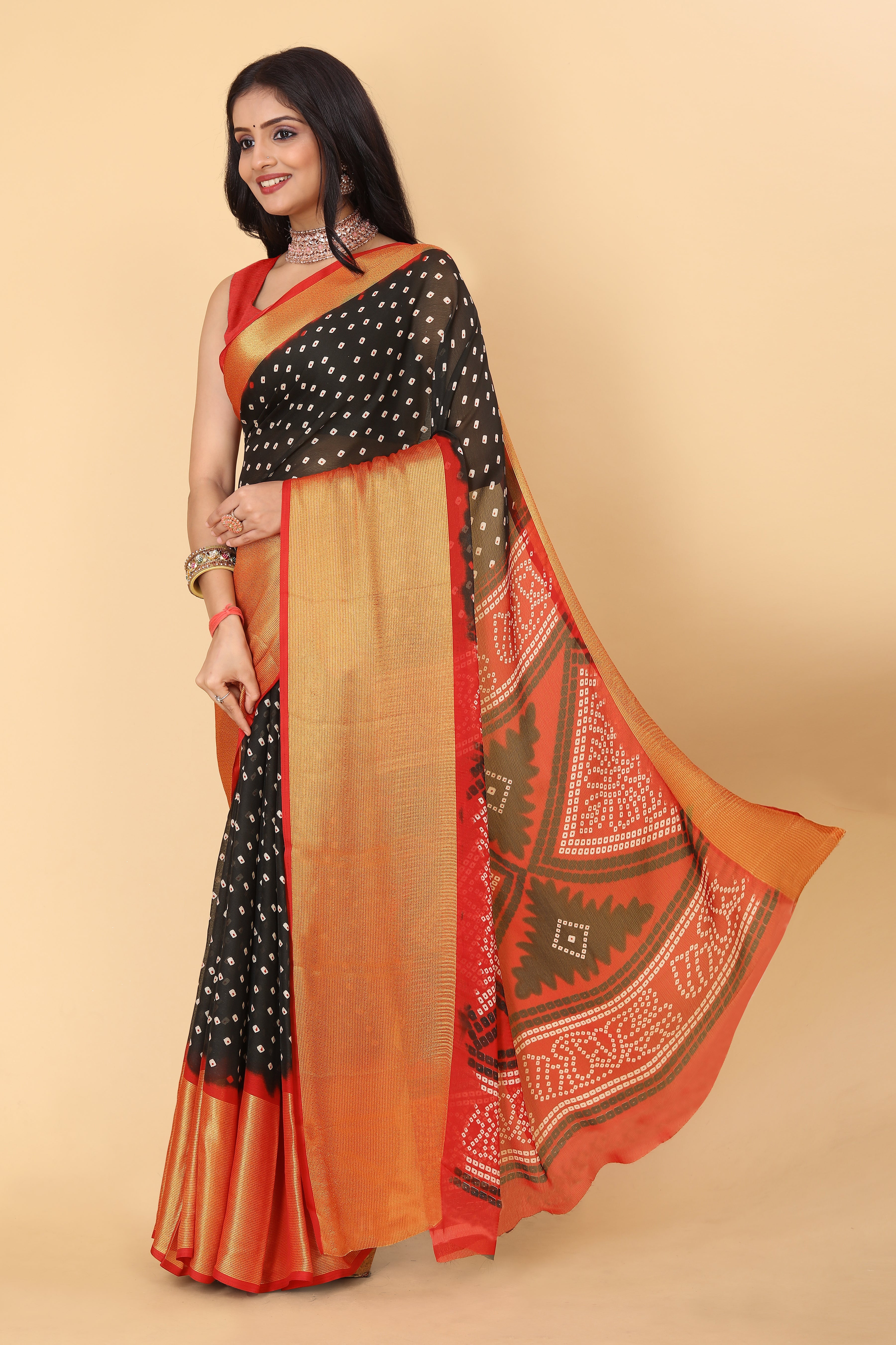 Bandhani Printed Moss Chiffon Black Saree with Gold Jari Border | Ivaara.