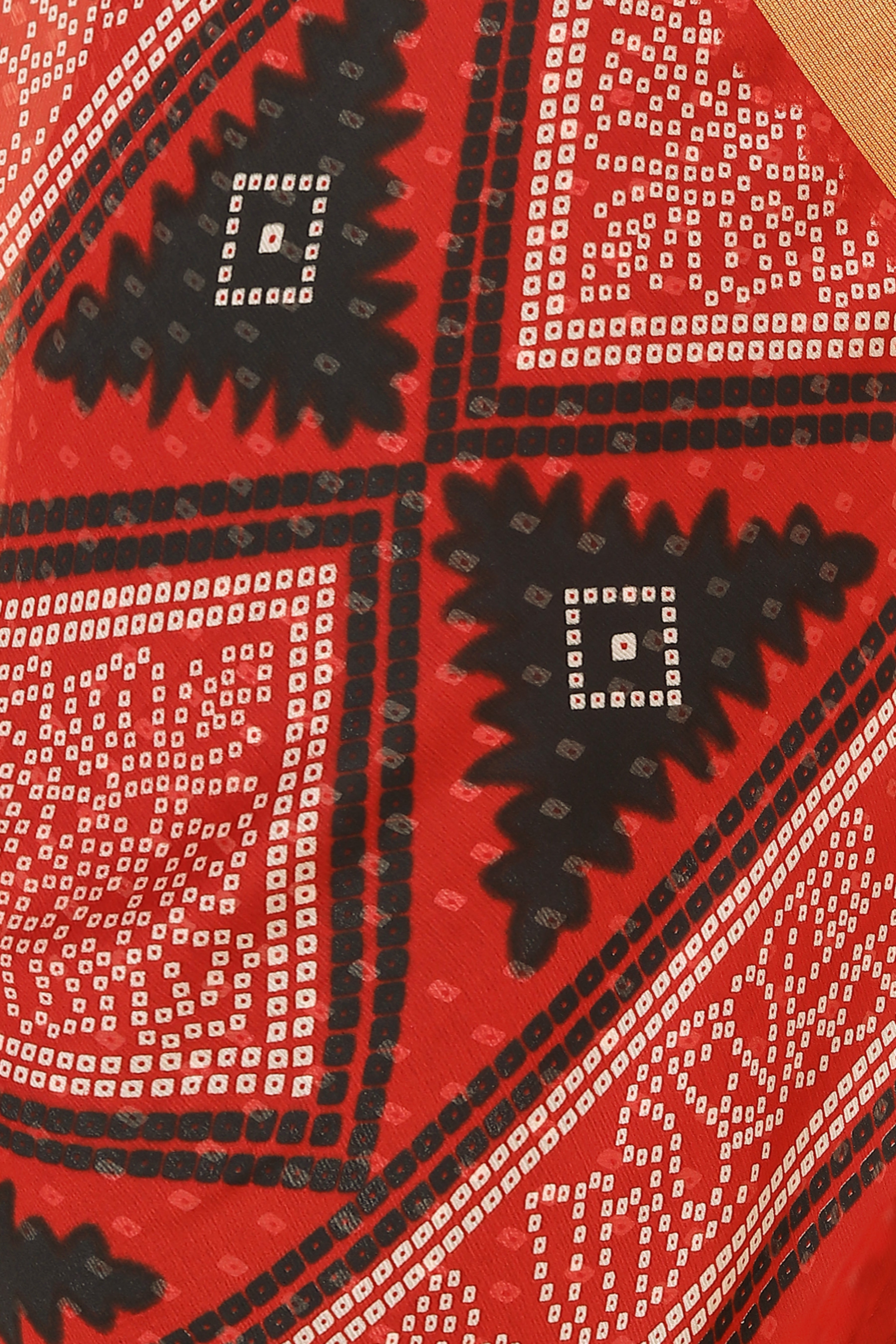 Bandhani Printed Moss Chiffon Black Saree with Gold Jari Border | Ivaara.