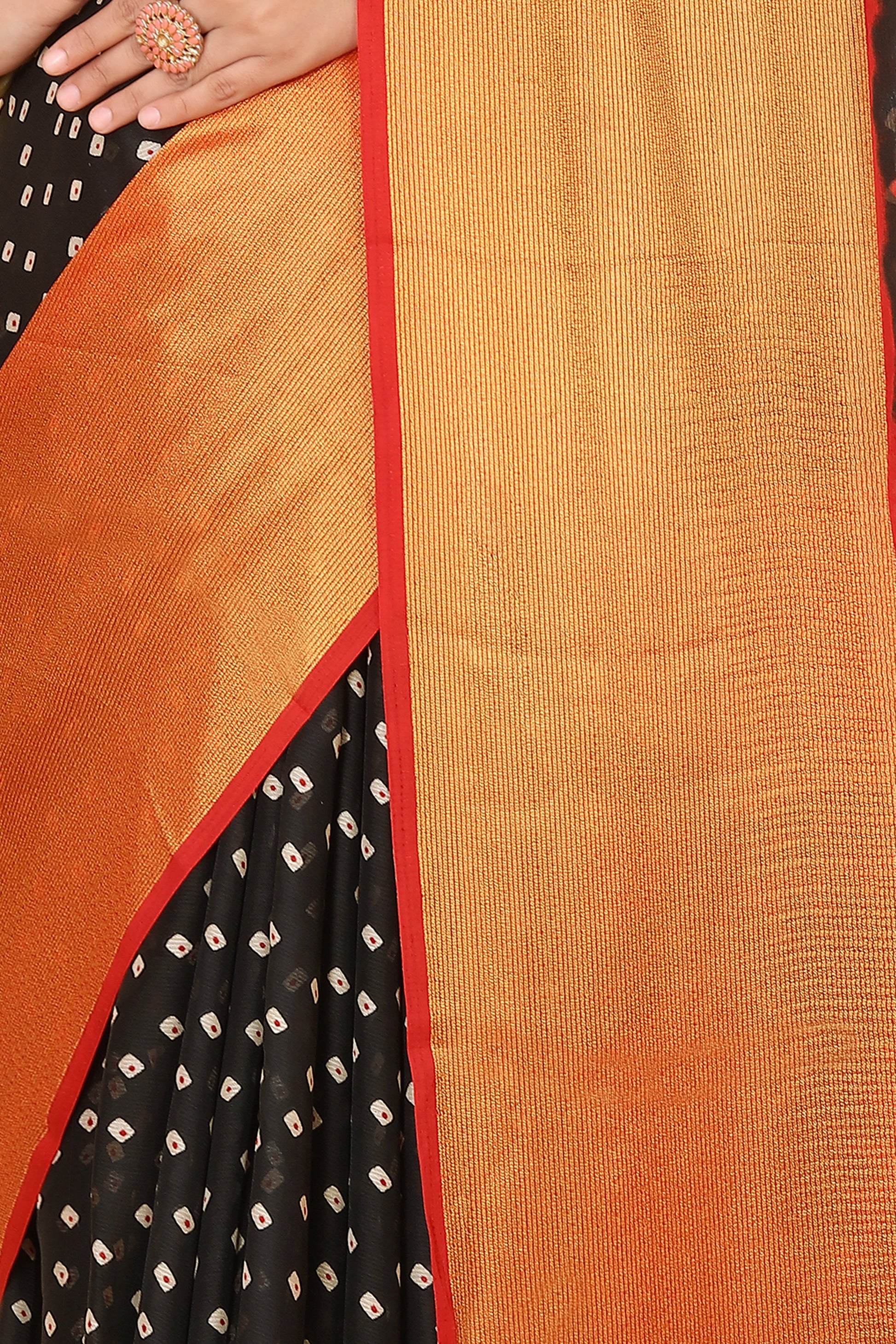 Bandhani Printed Moss Chiffon Black Saree with Gold Jari Border | Ivaara.