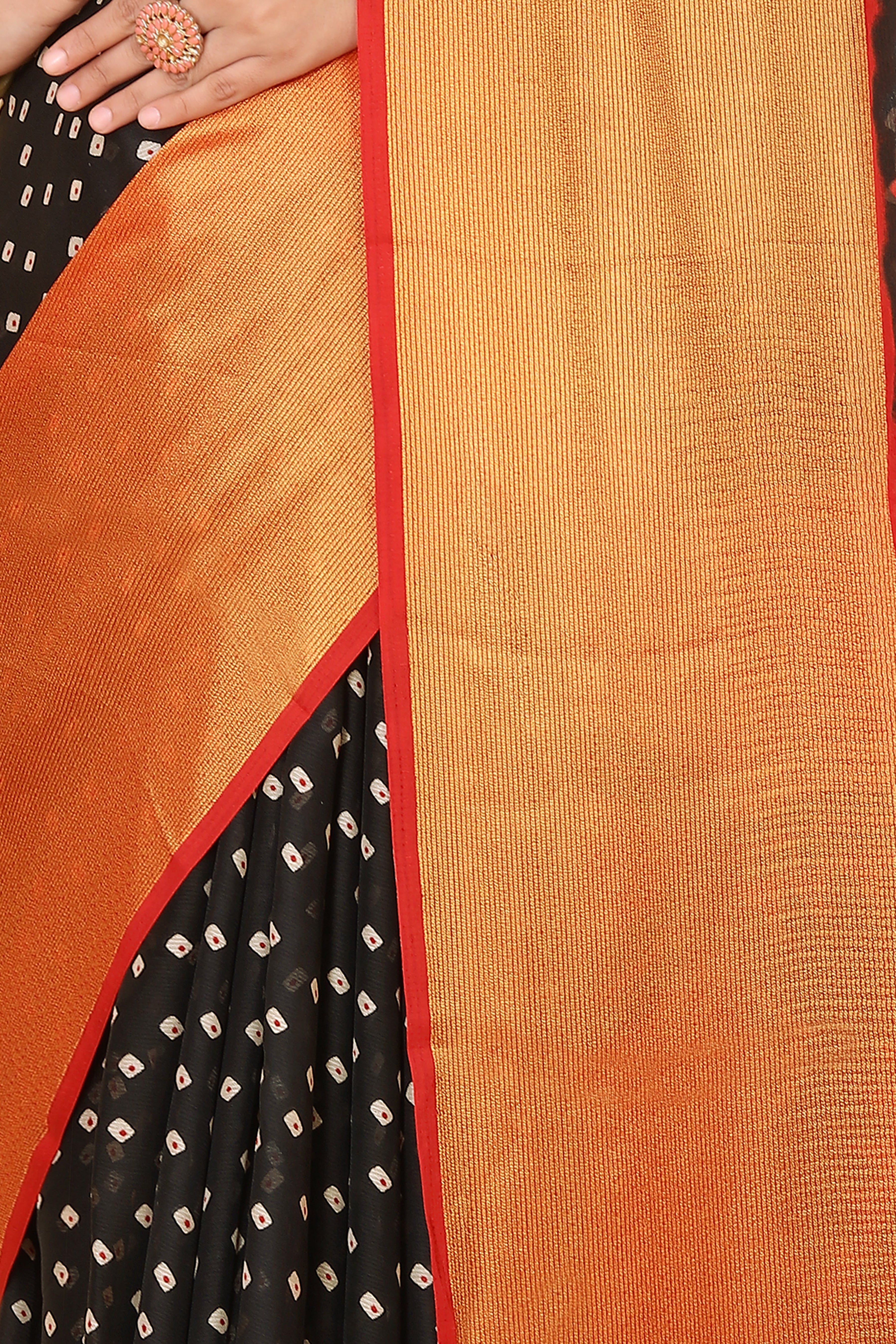 Bandhani Printed Moss Chiffon Black Saree with Gold Jari Border | Ivaara.