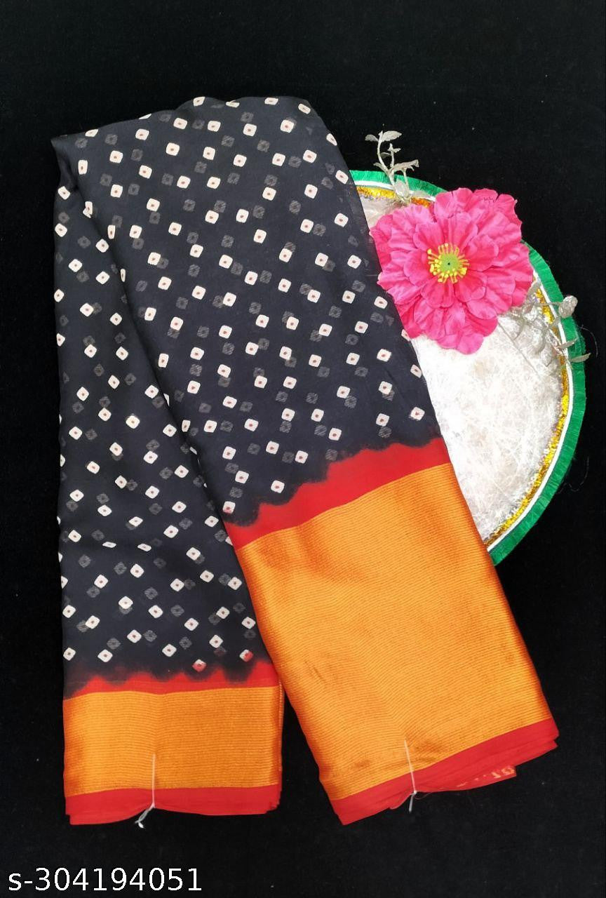 Bandhani Printed Moss Chiffon Black Saree with Gold Jari Border | Ivaara.