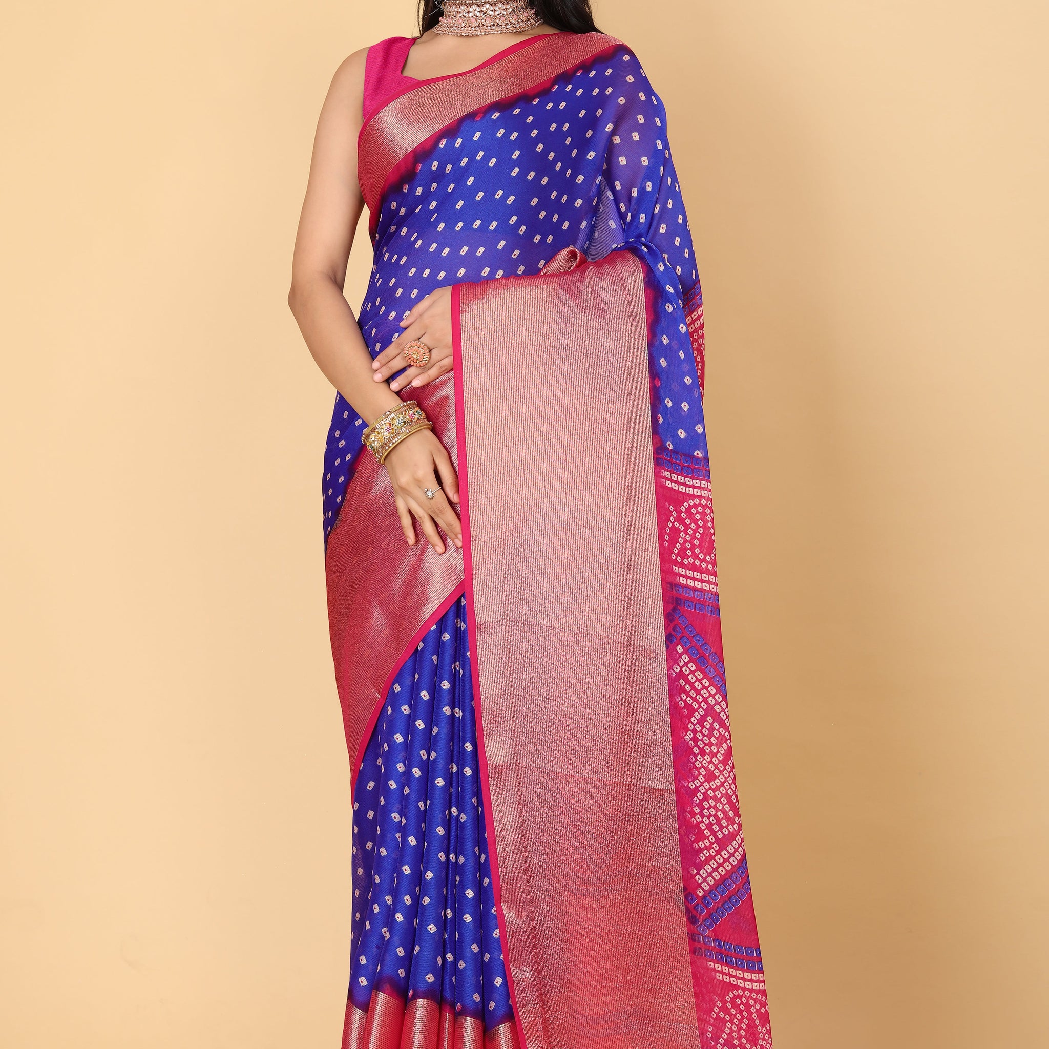Bandhani Printed Moss Chiffon Blue Saree with Gold Jari Border | Ivaara.