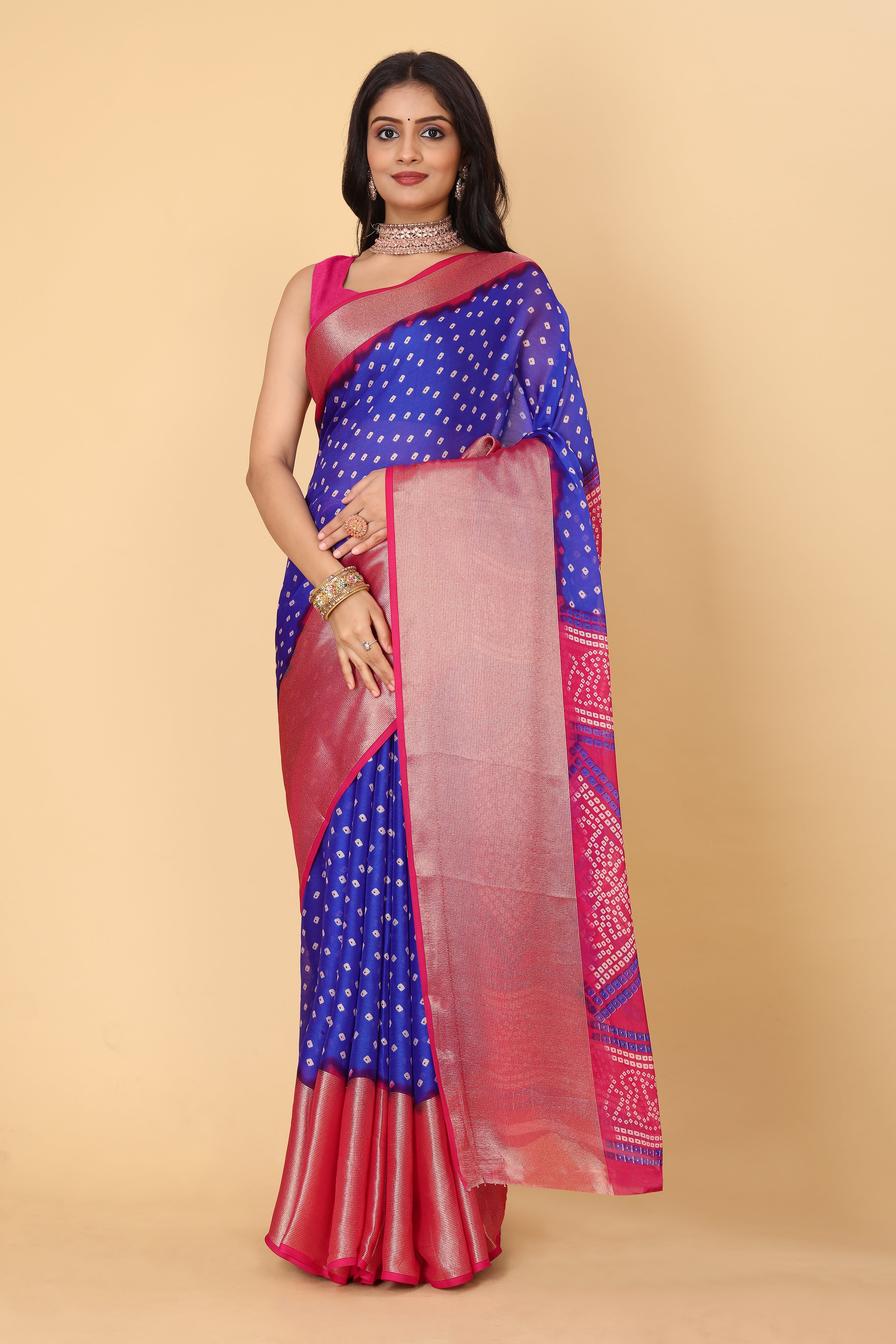 Bandhani Printed Moss Chiffon Blue Saree with Gold Jari Border | Ivaara.