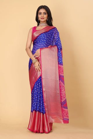 Bandhani Printed Moss Chiffon Blue Saree with Gold Jari Border | Ivaara