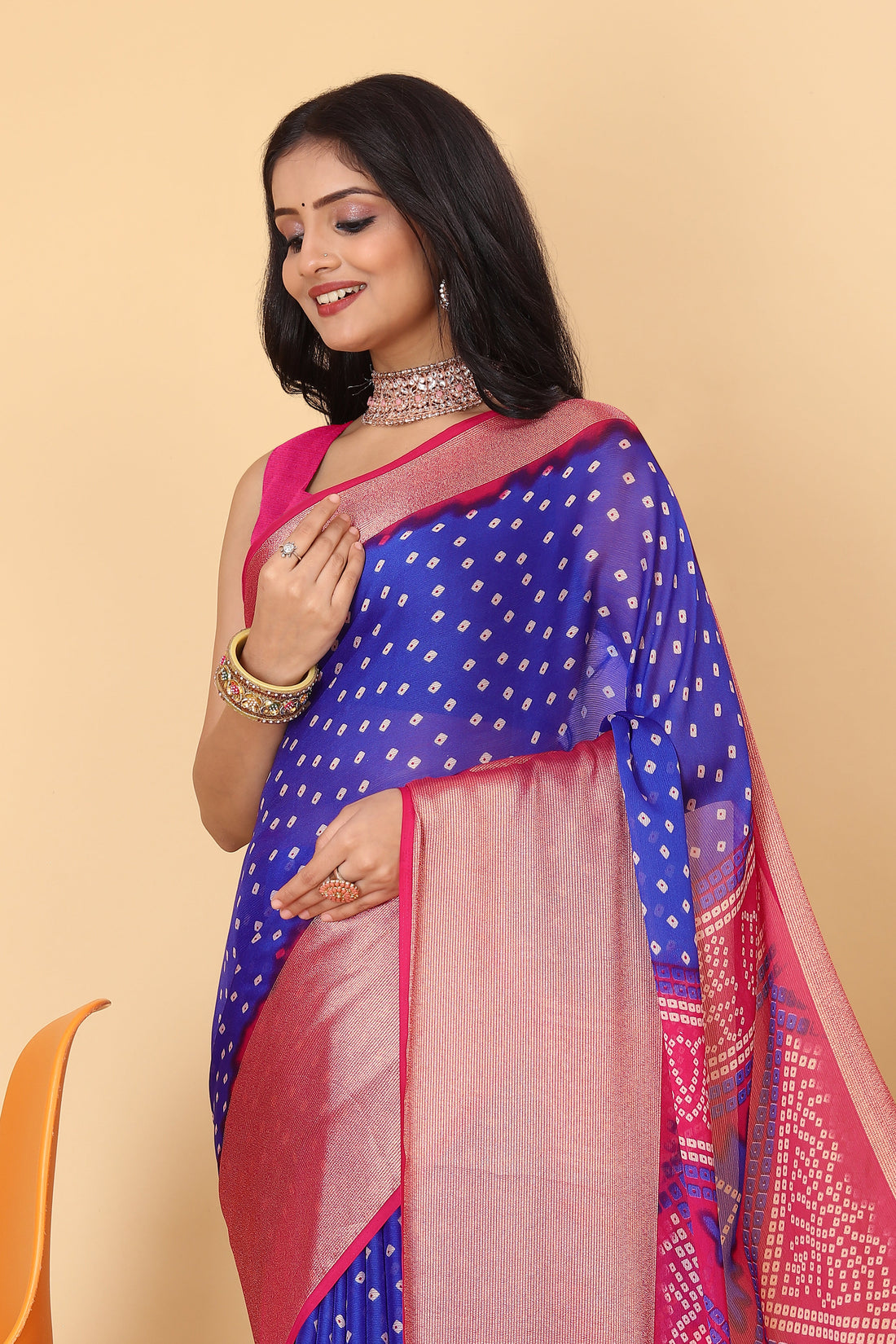 Bandhani Printed Moss Chiffon Blue Saree with Gold Jari Border | Ivaara.