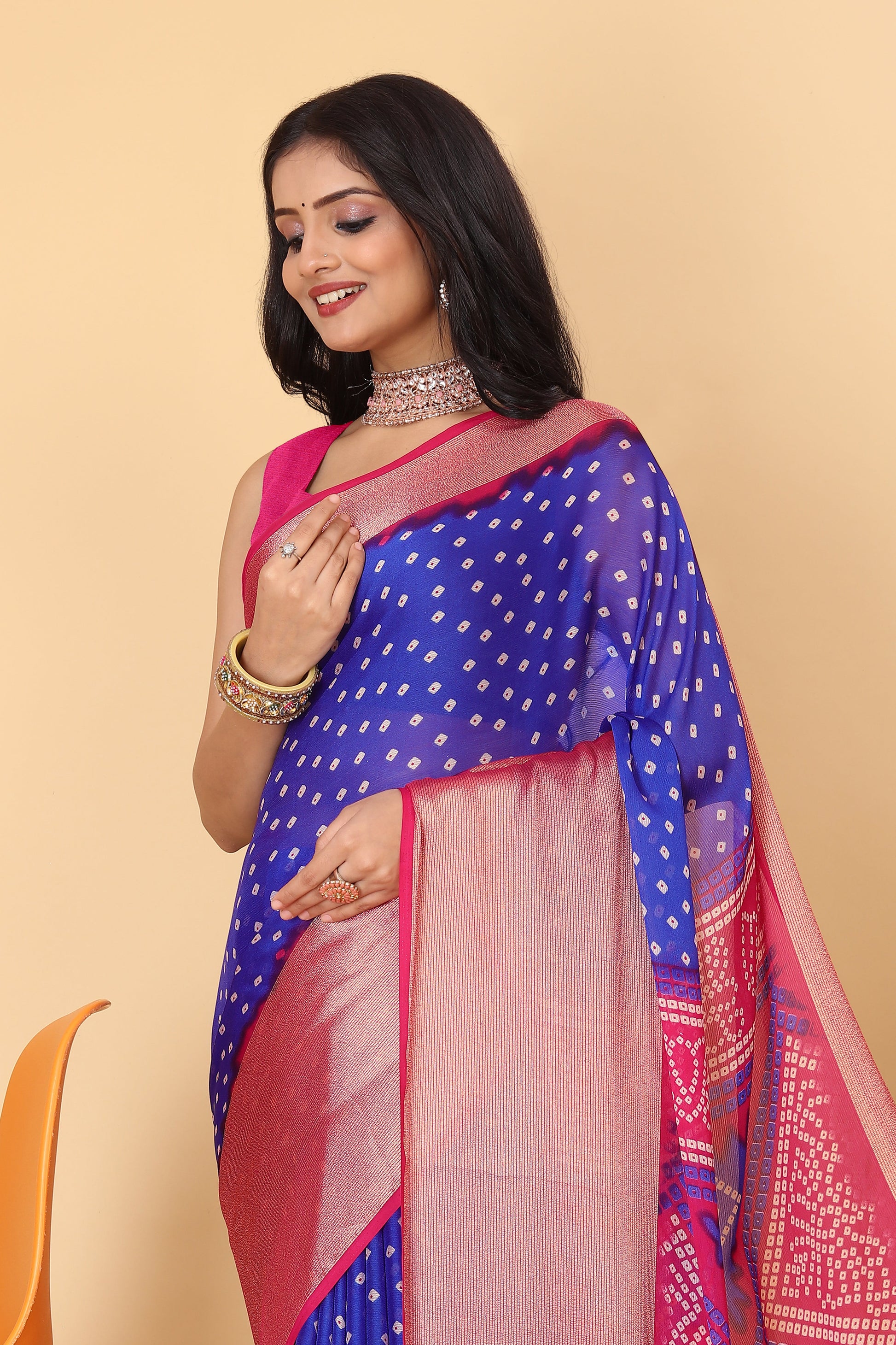 Bandhani Printed Moss Chiffon Blue Saree with Gold Jari Border | Ivaara.