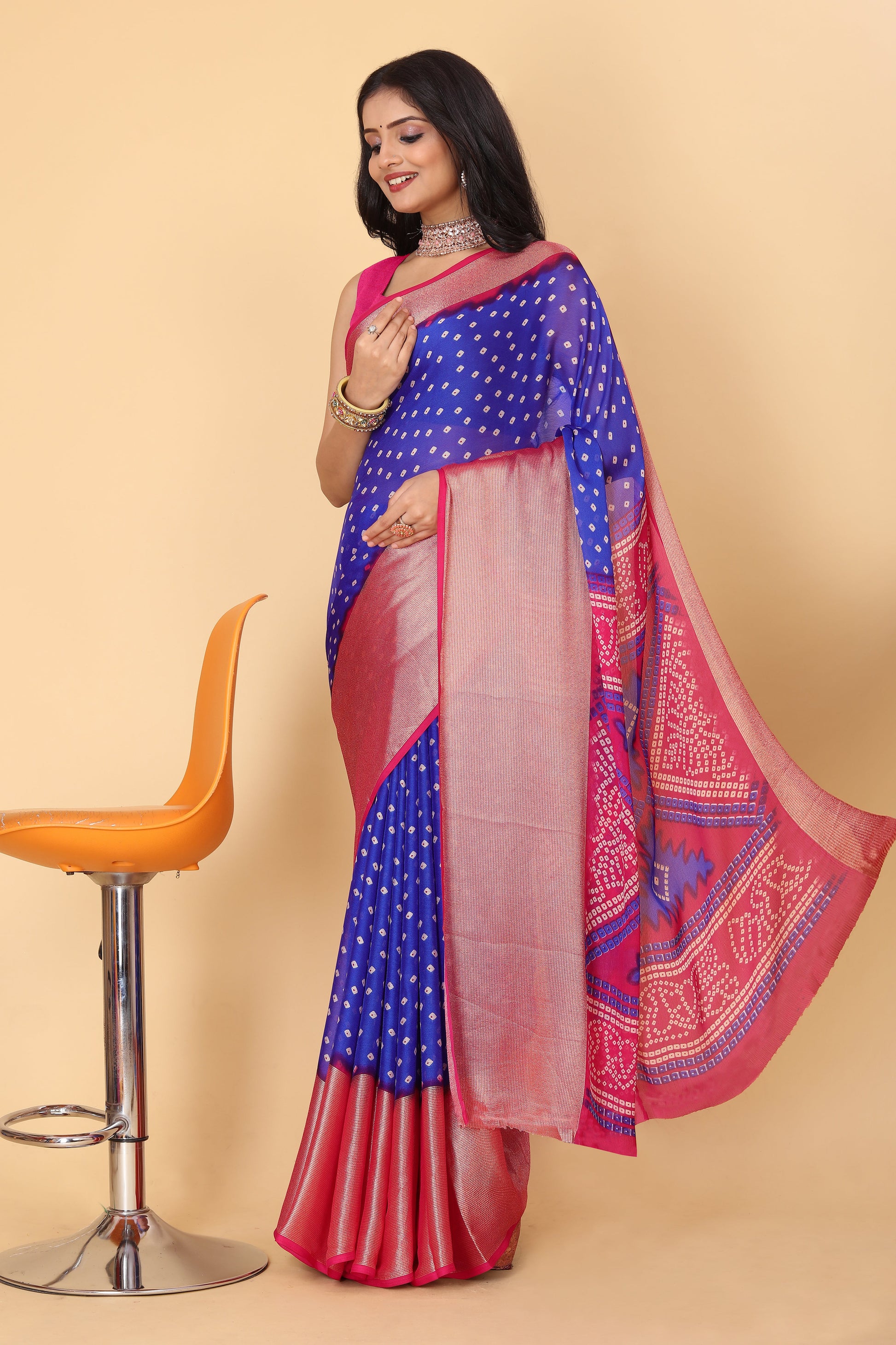 Bandhani Printed Moss Chiffon Blue Saree with Gold Jari Border | Ivaara.