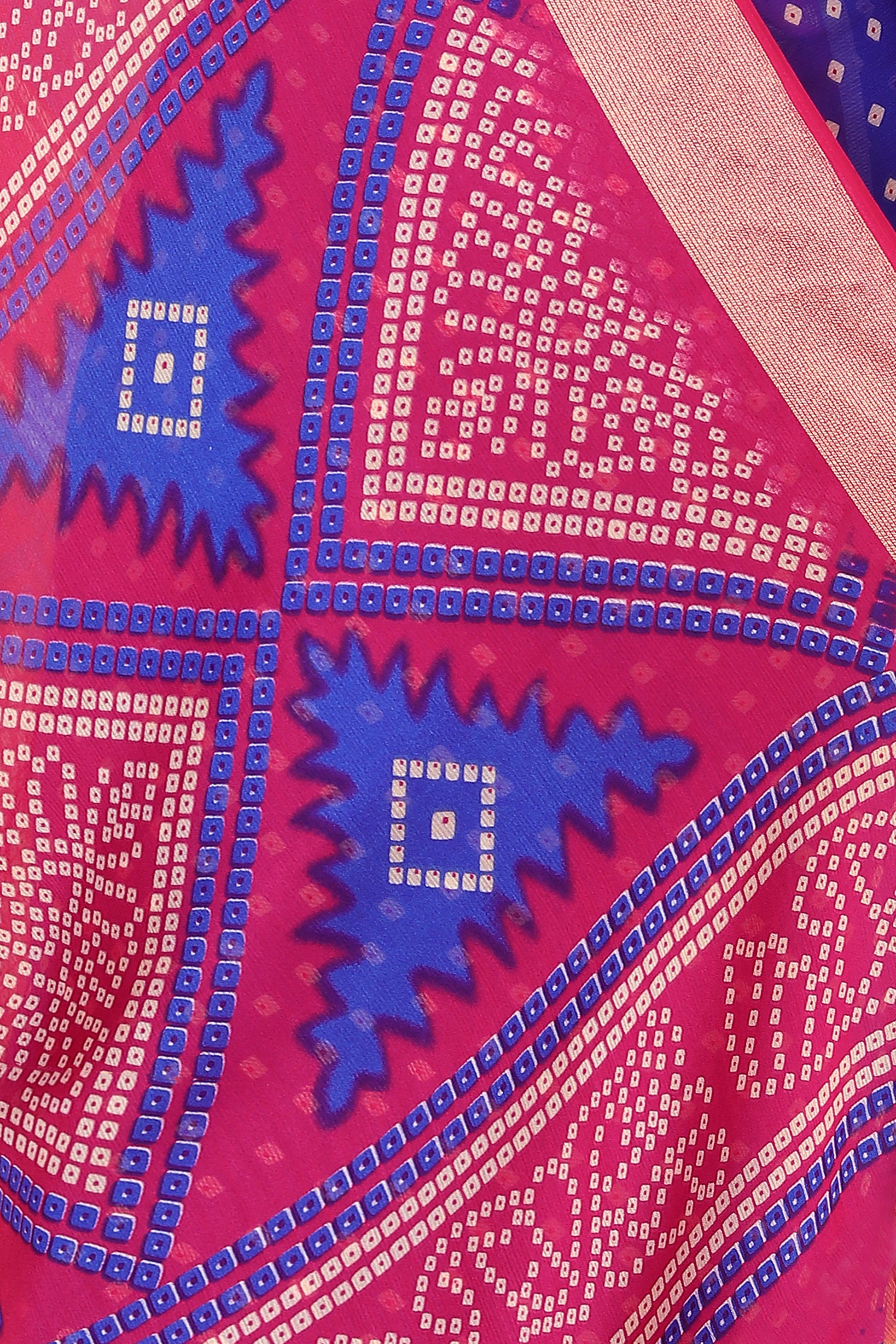 Bandhani Printed Moss Chiffon Blue Saree with Gold Jari Border | Ivaara.