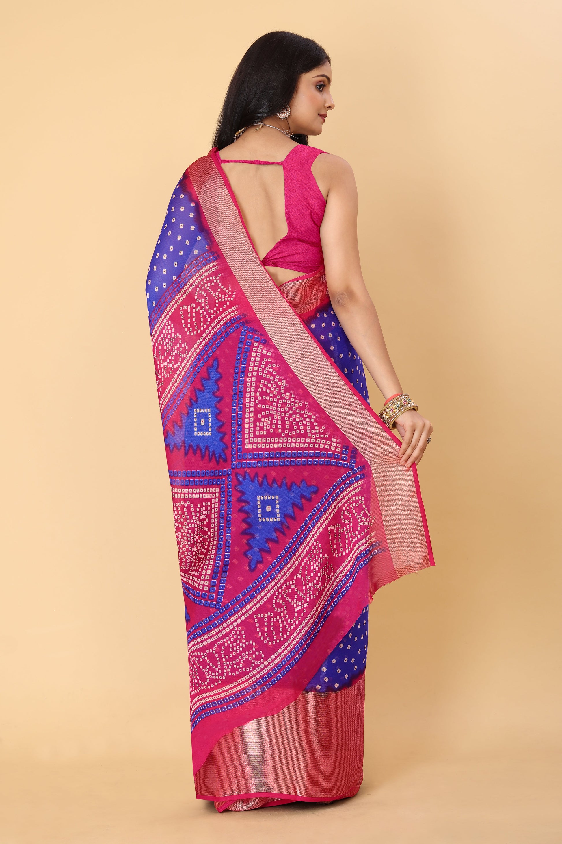 Bandhani Printed Moss Chiffon Blue Saree with Gold Jari Border | Ivaara.