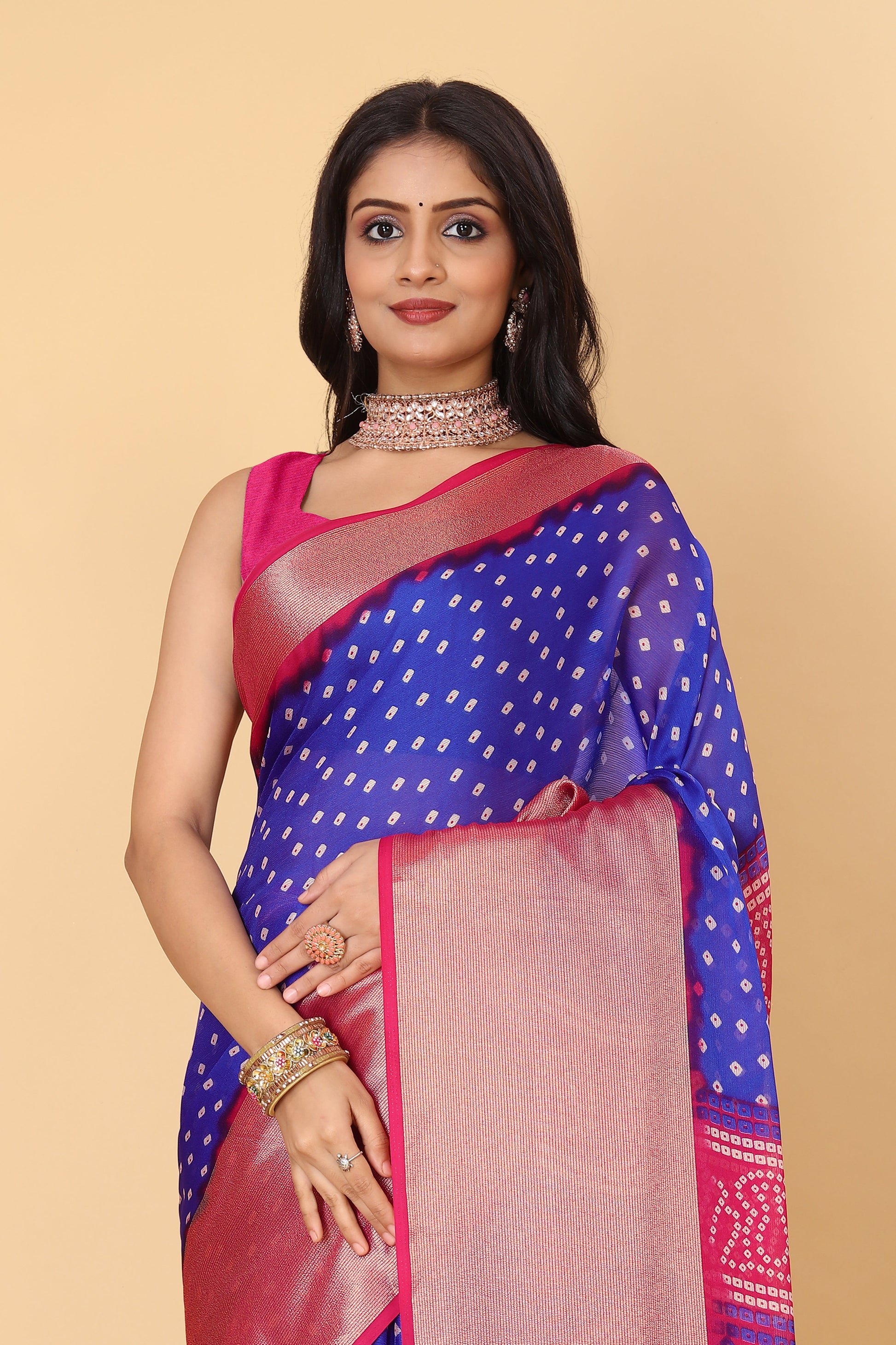 Bandhani Printed Moss Chiffon Blue Saree with Gold Jari Border | Ivaara.