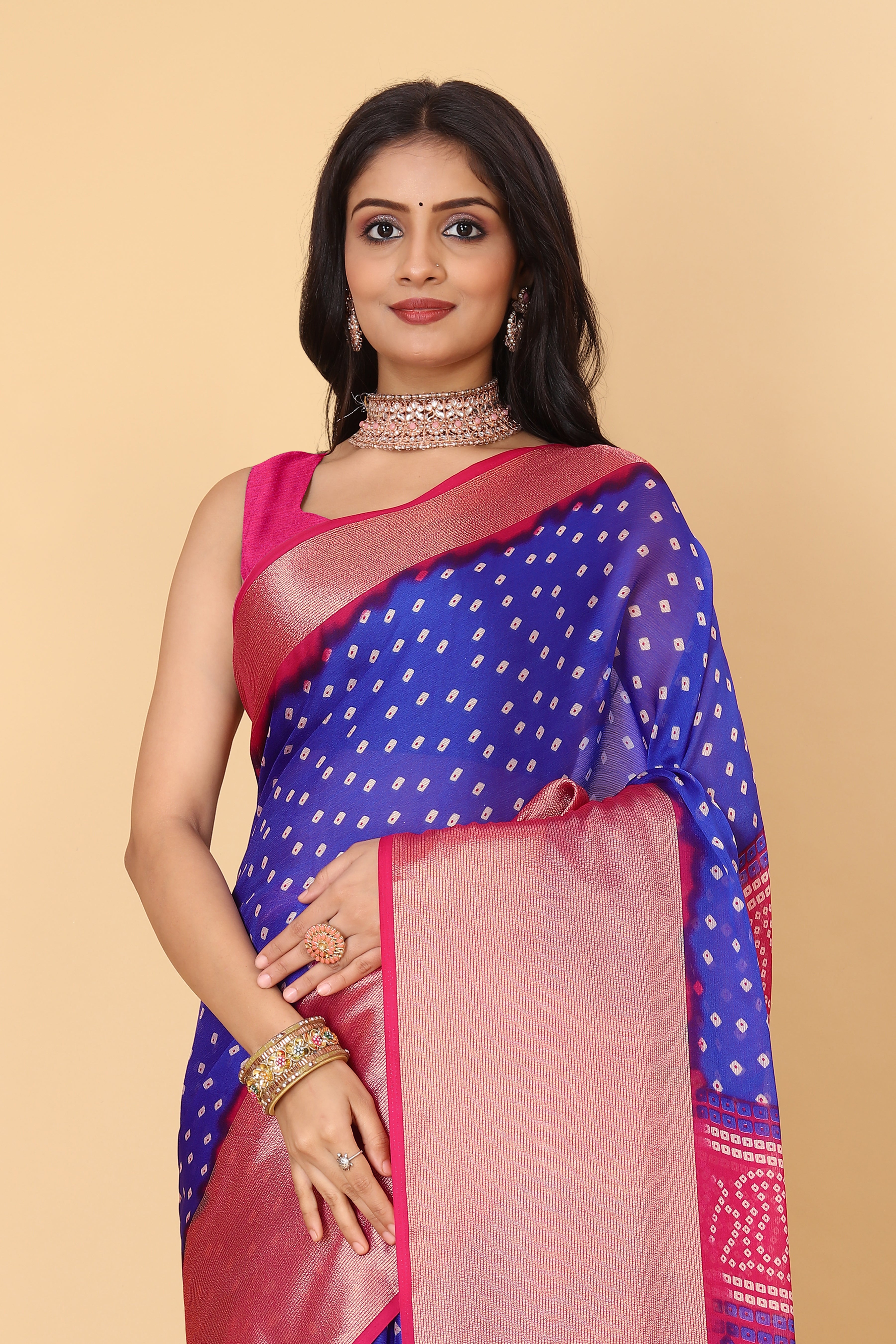 Bandhani Printed Moss Chiffon Blue Saree with Gold Jari Border | Ivaara.