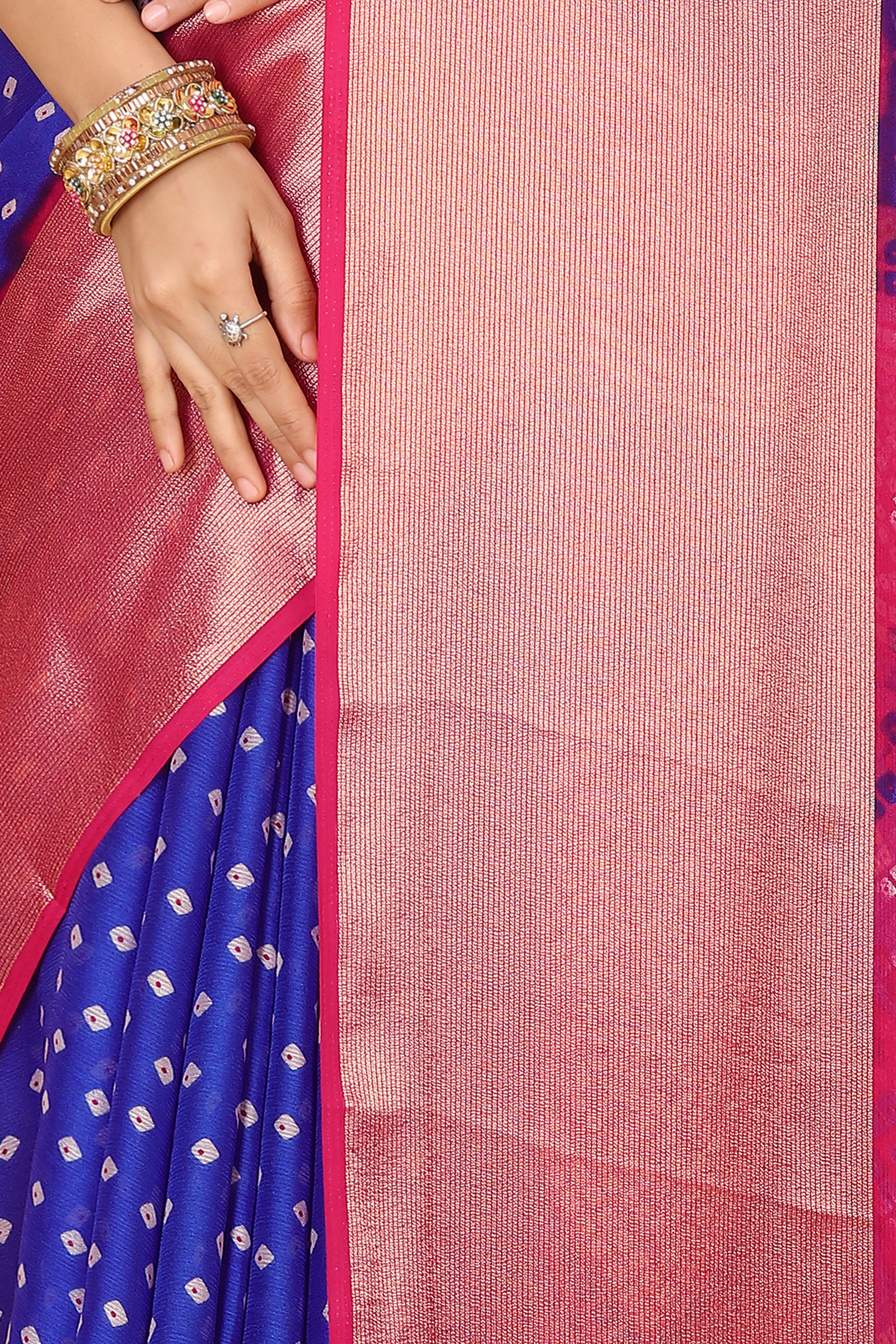 Bandhani Printed Moss Chiffon Blue Saree with Gold Jari Border | Ivaara.
