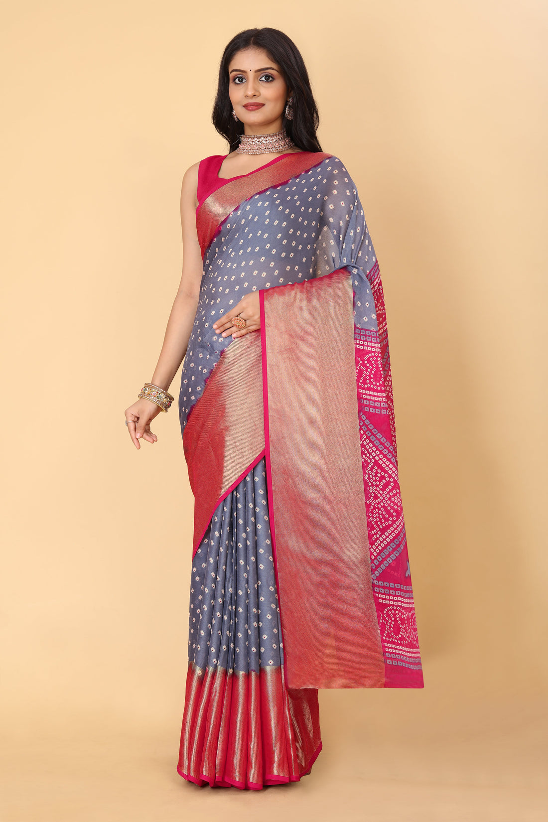 Bandhani Printed Moss Chiffon Grey Saree with Gold Jari Border | Ivaara.