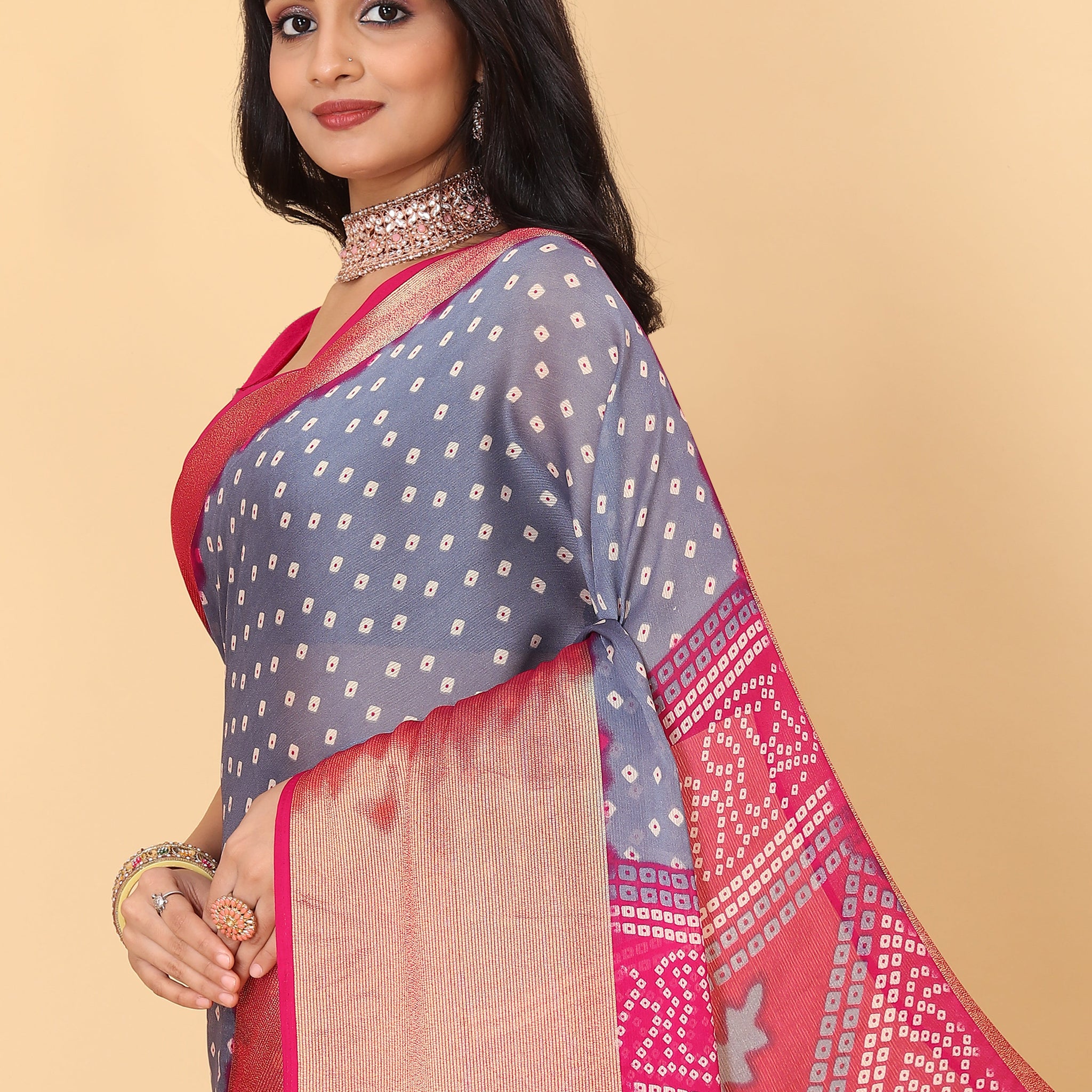 Bandhani Printed Moss Chiffon Grey Saree with Gold Jari Border | Ivaara.