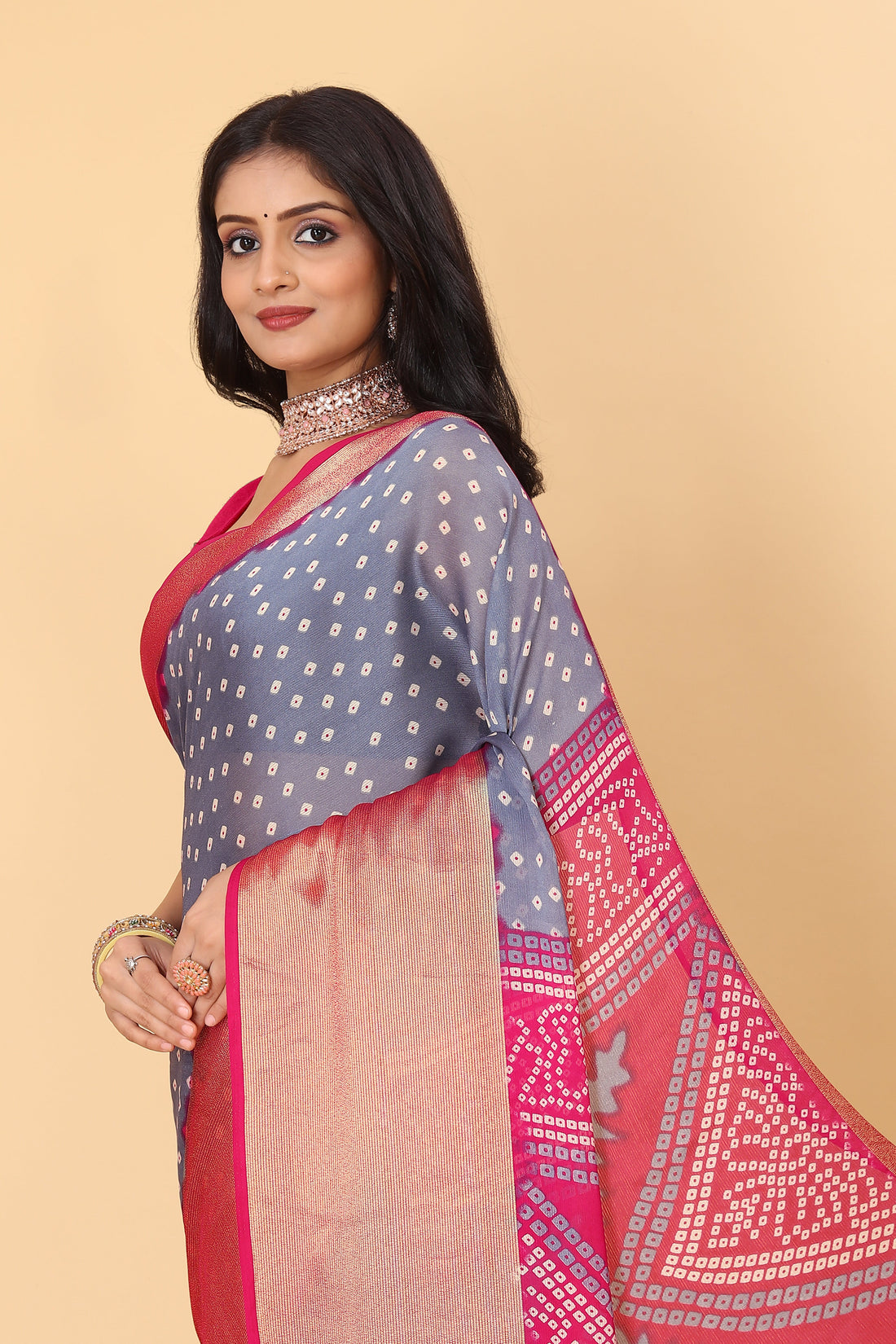 Bandhani Printed Moss Chiffon Grey Saree with Gold Jari Border | Ivaara.