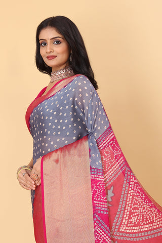 Bandhani Printed Moss Chiffon Grey Saree with Gold Jari Border | Ivaara