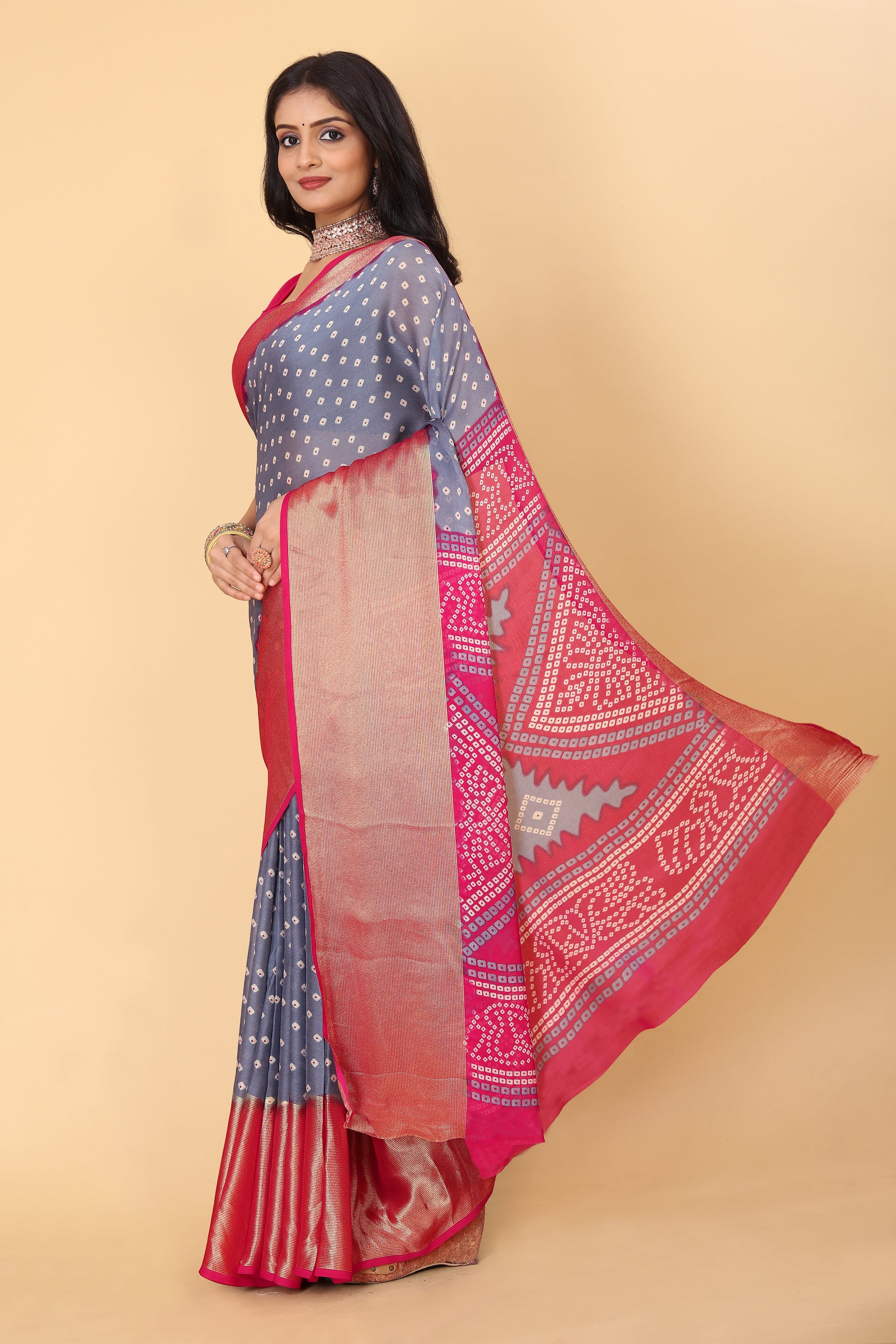 Bandhani Printed Moss Chiffon Grey Saree with Gold Jari Border | Ivaara.
