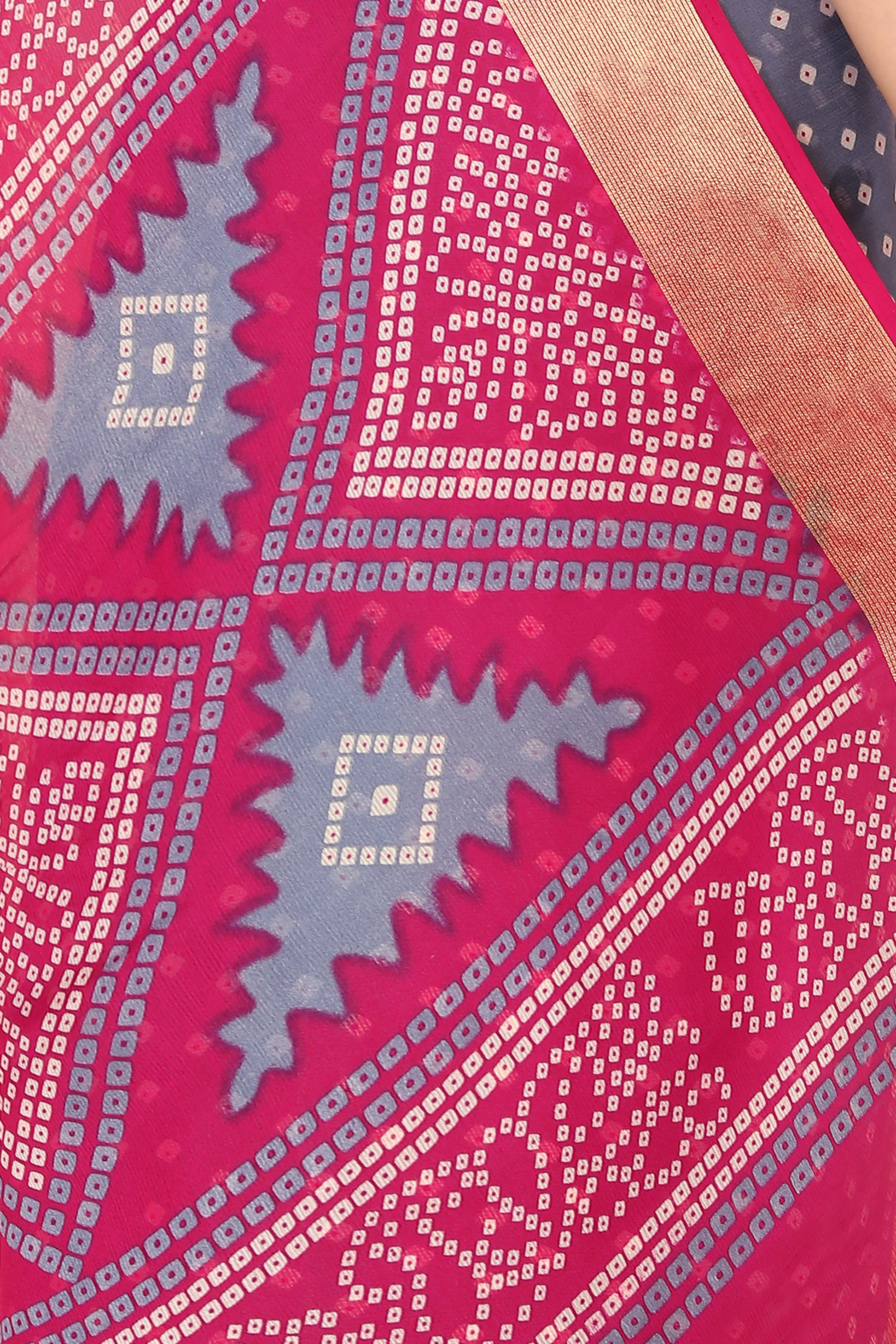 Bandhani Printed Moss Chiffon Grey Saree with Gold Jari Border | Ivaara.