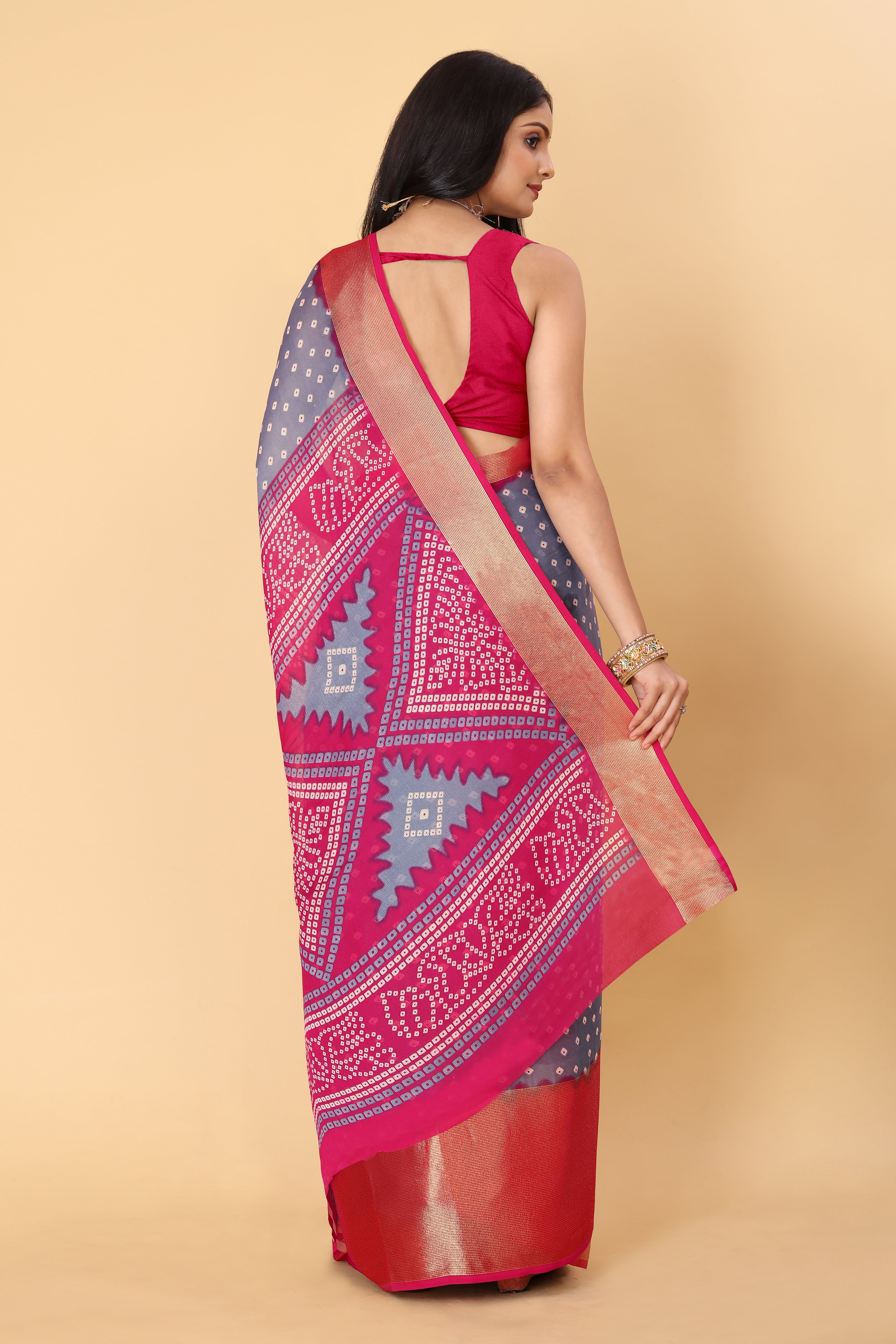Bandhani Printed Moss Chiffon Grey Saree with Gold Jari Border | Ivaara.