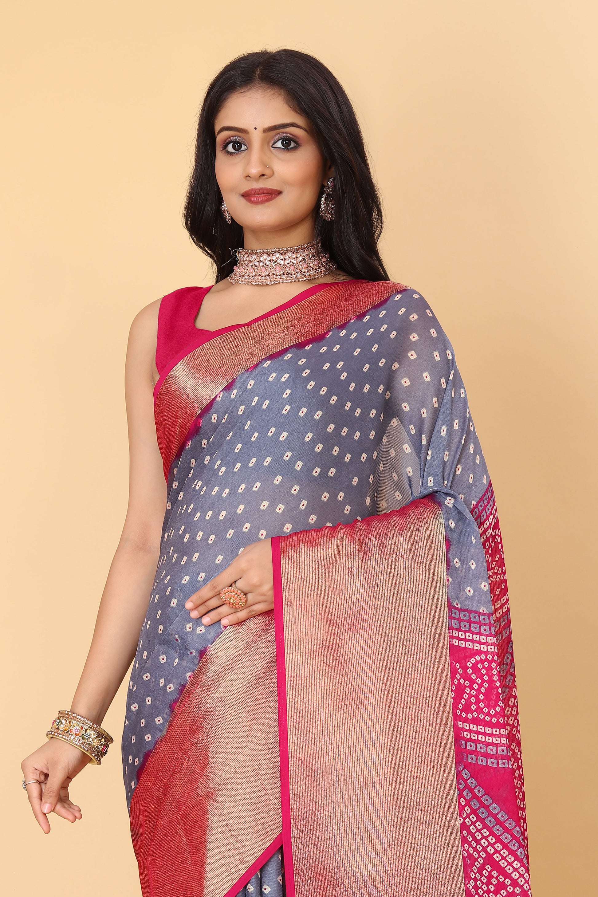 Bandhani Printed Moss Chiffon Grey Saree with Gold Jari Border | Ivaara.