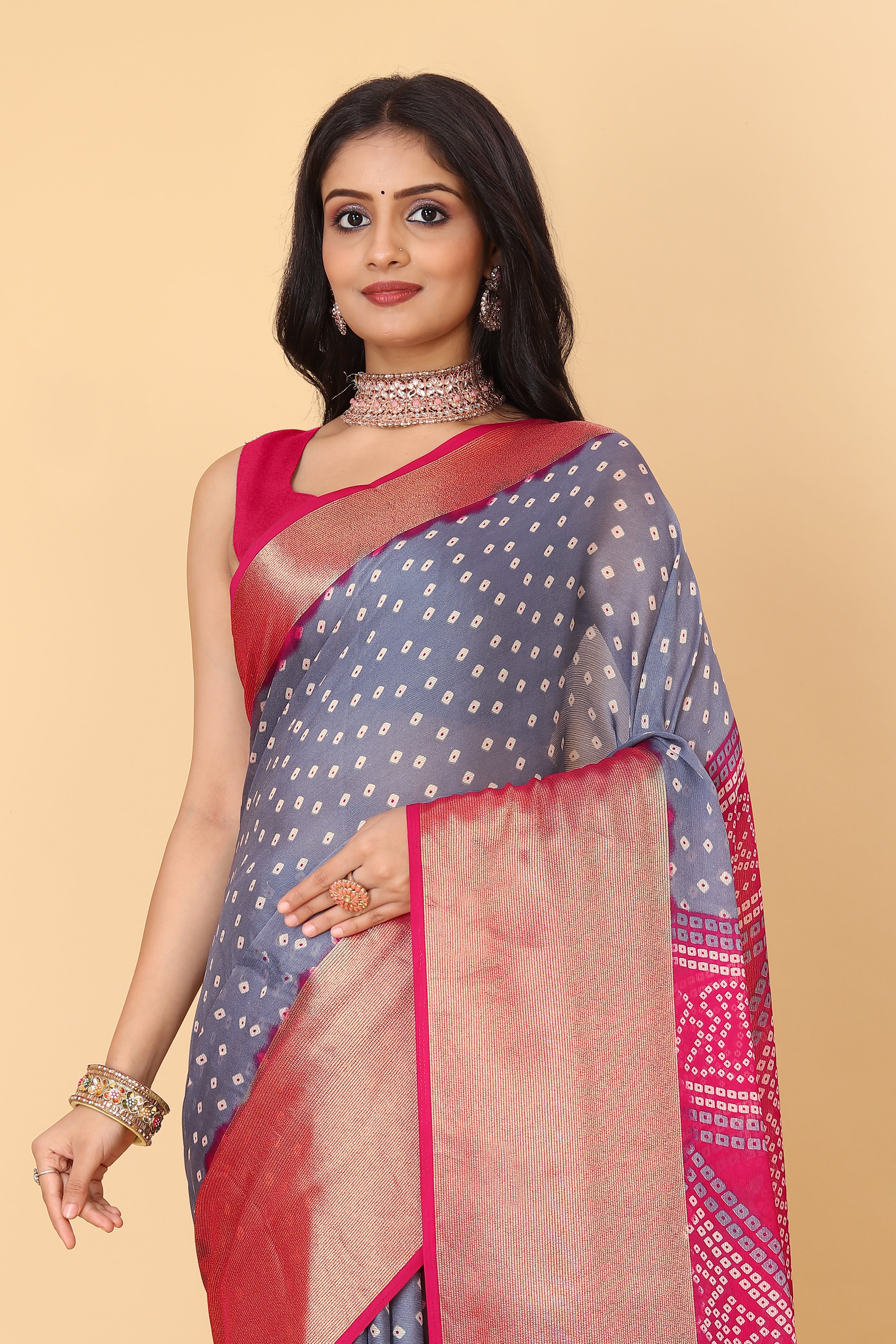 Bandhani Printed Moss Chiffon Grey Saree with Gold Jari Border | Ivaara.