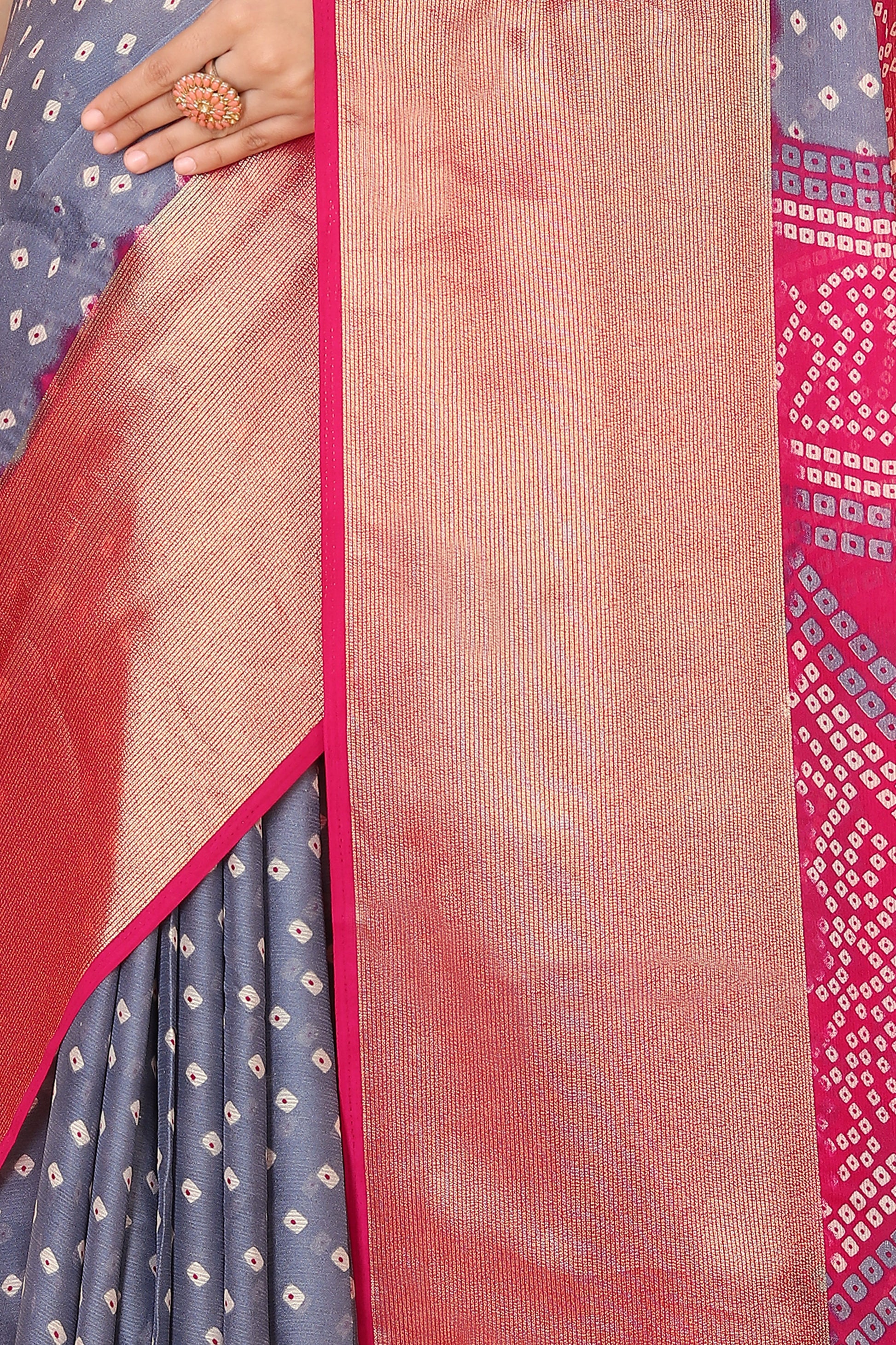 Bandhani Printed Moss Chiffon Grey Saree with Gold Jari Border | Ivaara.