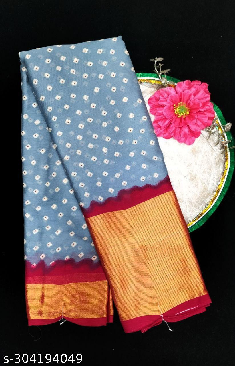 Bandhani Printed Moss Chiffon Grey Saree with Gold Jari Border | Ivaara.