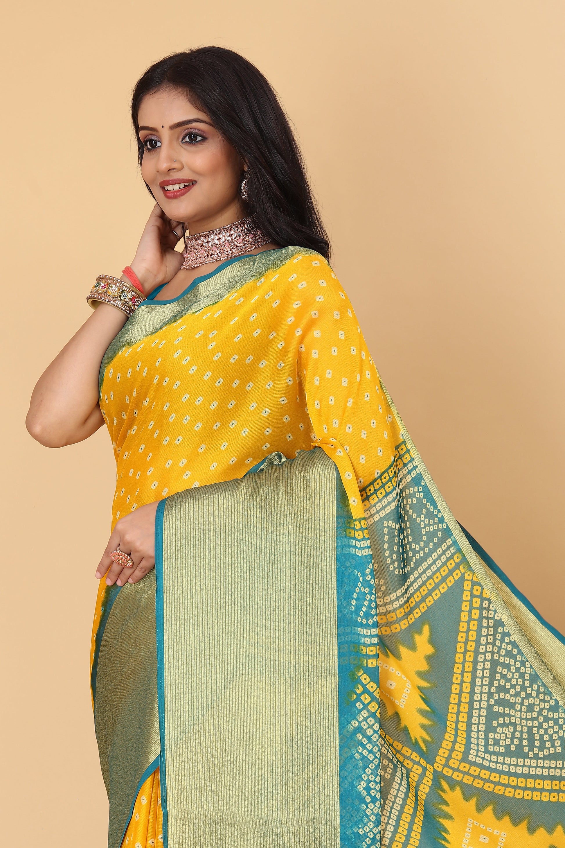 Bandhani Printed Moss Chiffon Mustard Saree with Gold Jari Border | Ivaara.