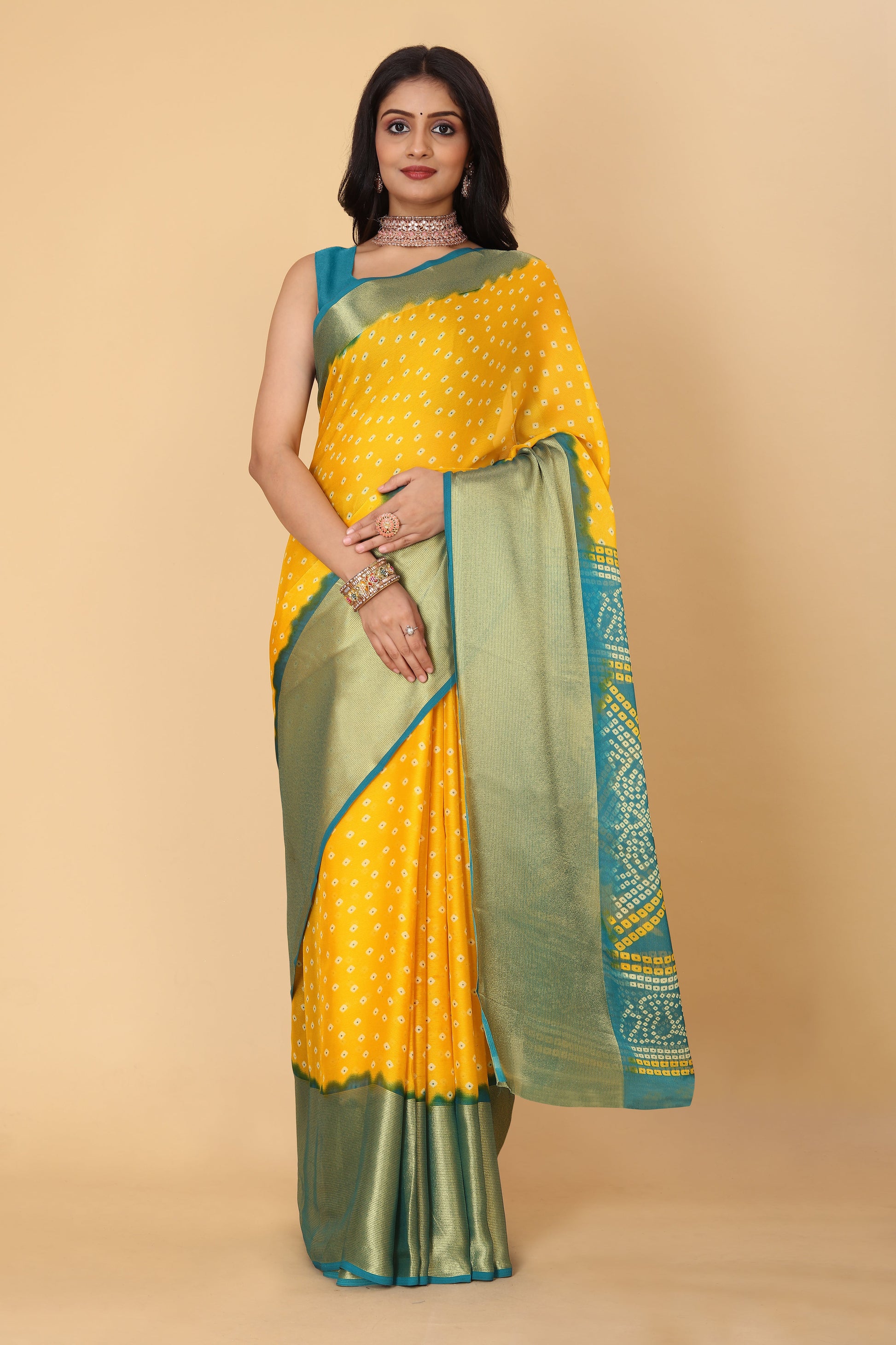 Bandhani Printed Moss Chiffon Mustard Saree with Gold Jari Border | Ivaara.