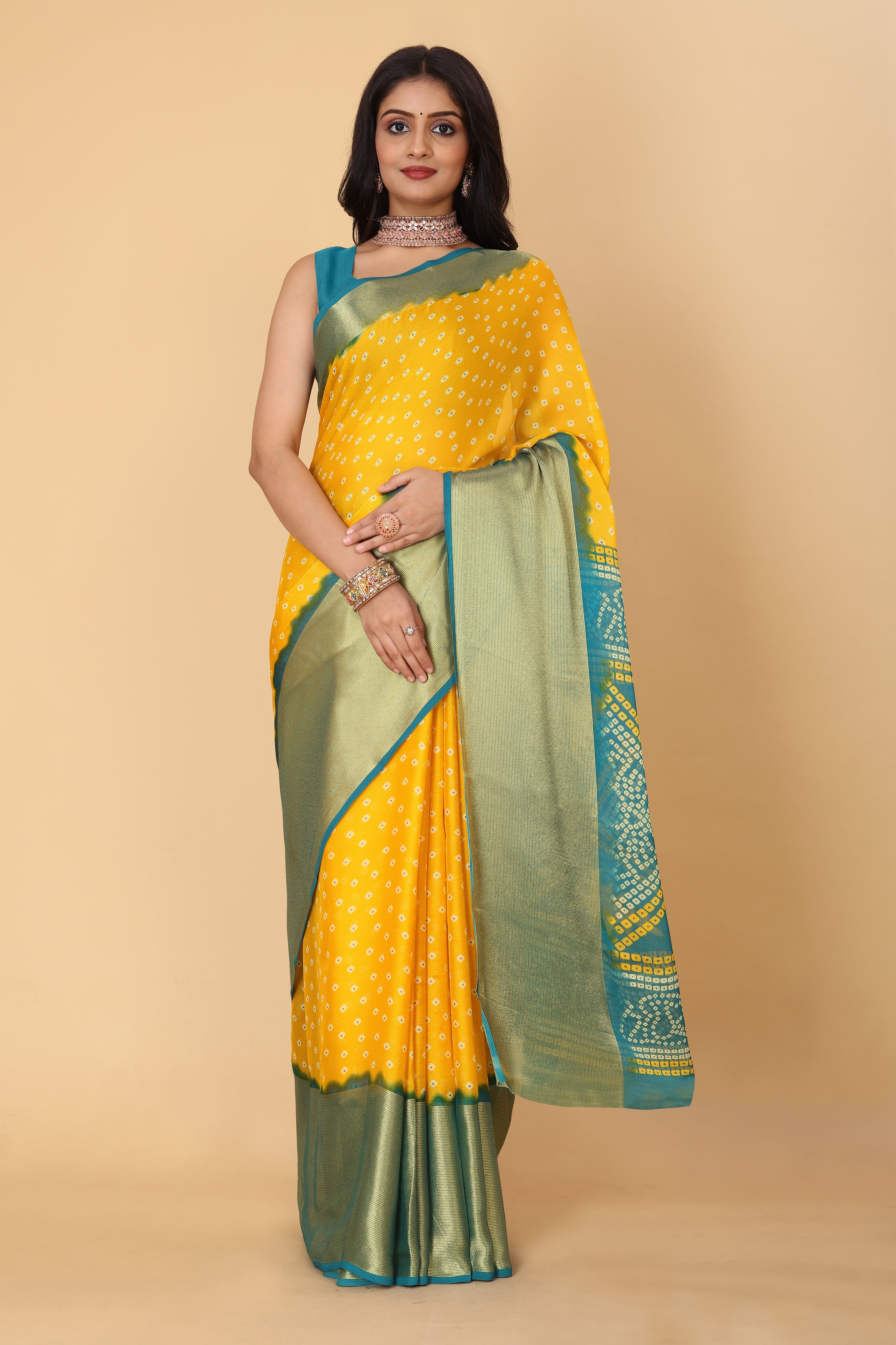 Bandhani Printed Moss Chiffon Mustard Saree with Gold Jari Border | Ivaara.