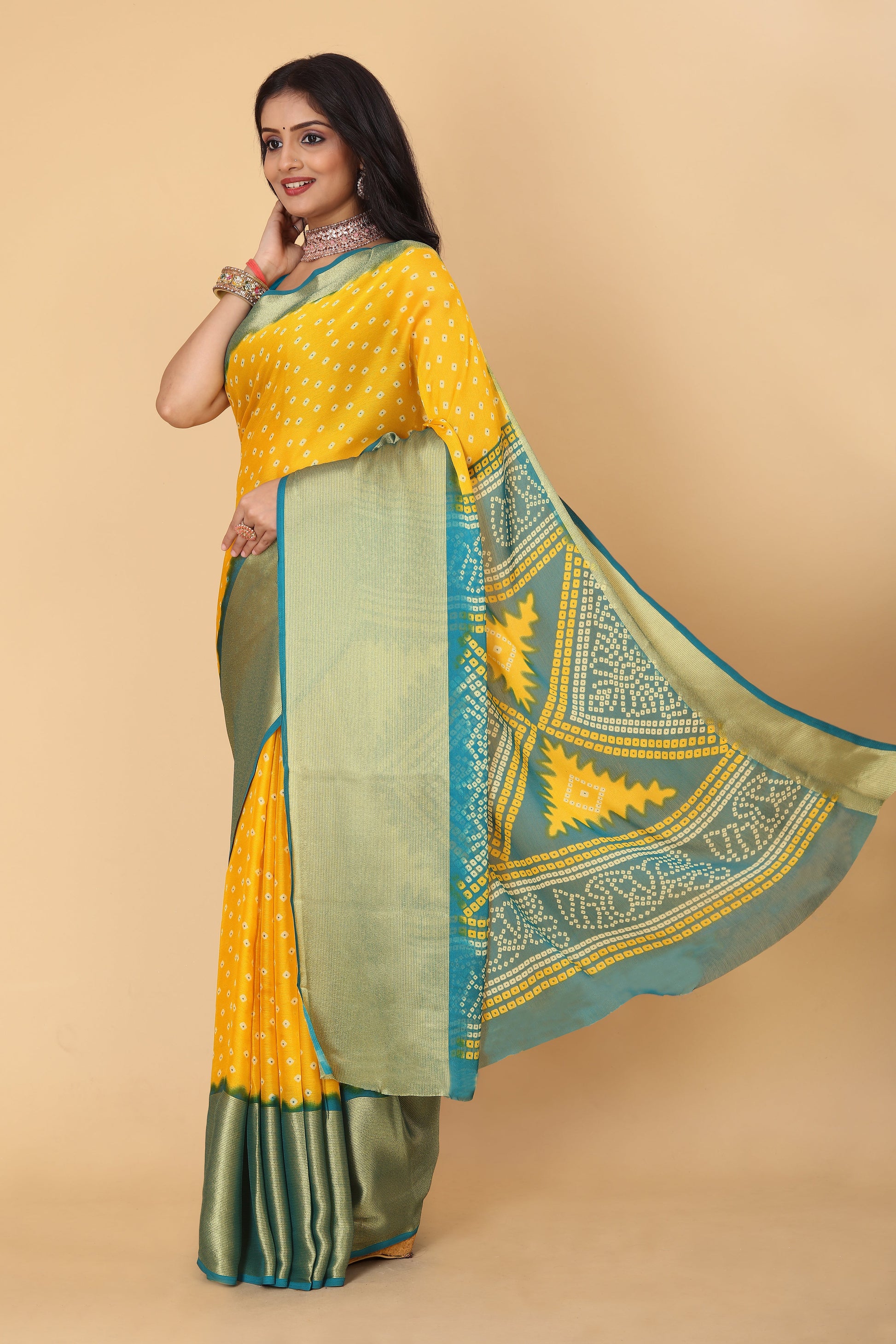 Bandhani Printed Moss Chiffon Mustard Saree with Gold Jari Border | Ivaara.
