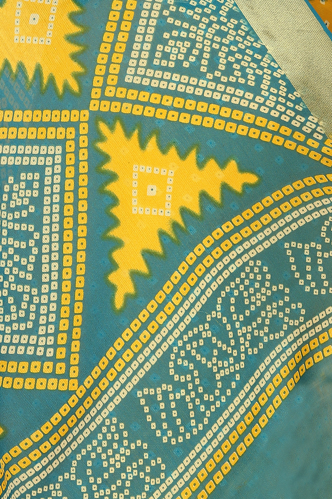 Bandhani Printed Moss Chiffon Mustard Saree with Gold Jari Border | Ivaara.