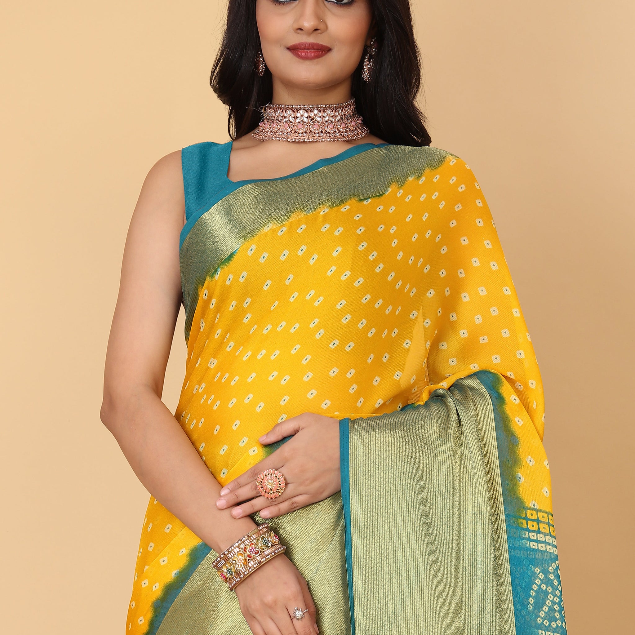 Bandhani Printed Moss Chiffon Mustard Saree with Gold Jari Border | Ivaara.