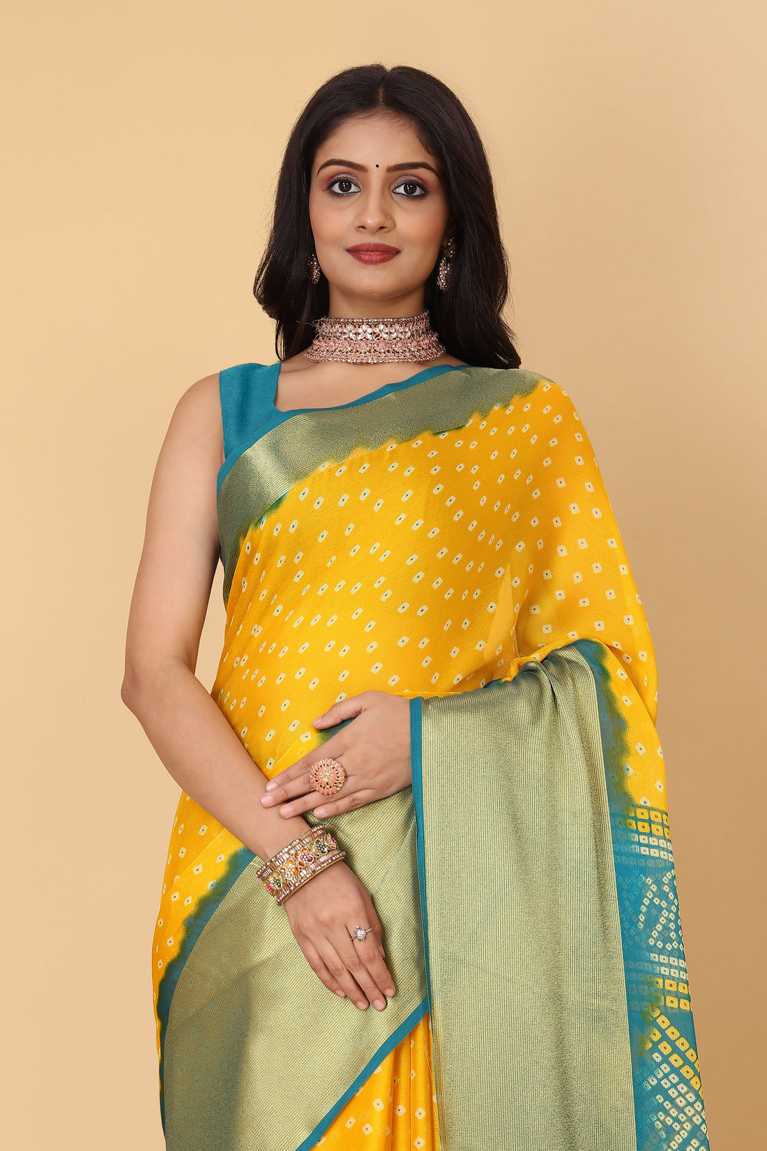 Bandhani Printed Moss Chiffon Mustard Saree with Gold Jari Border | Ivaara.